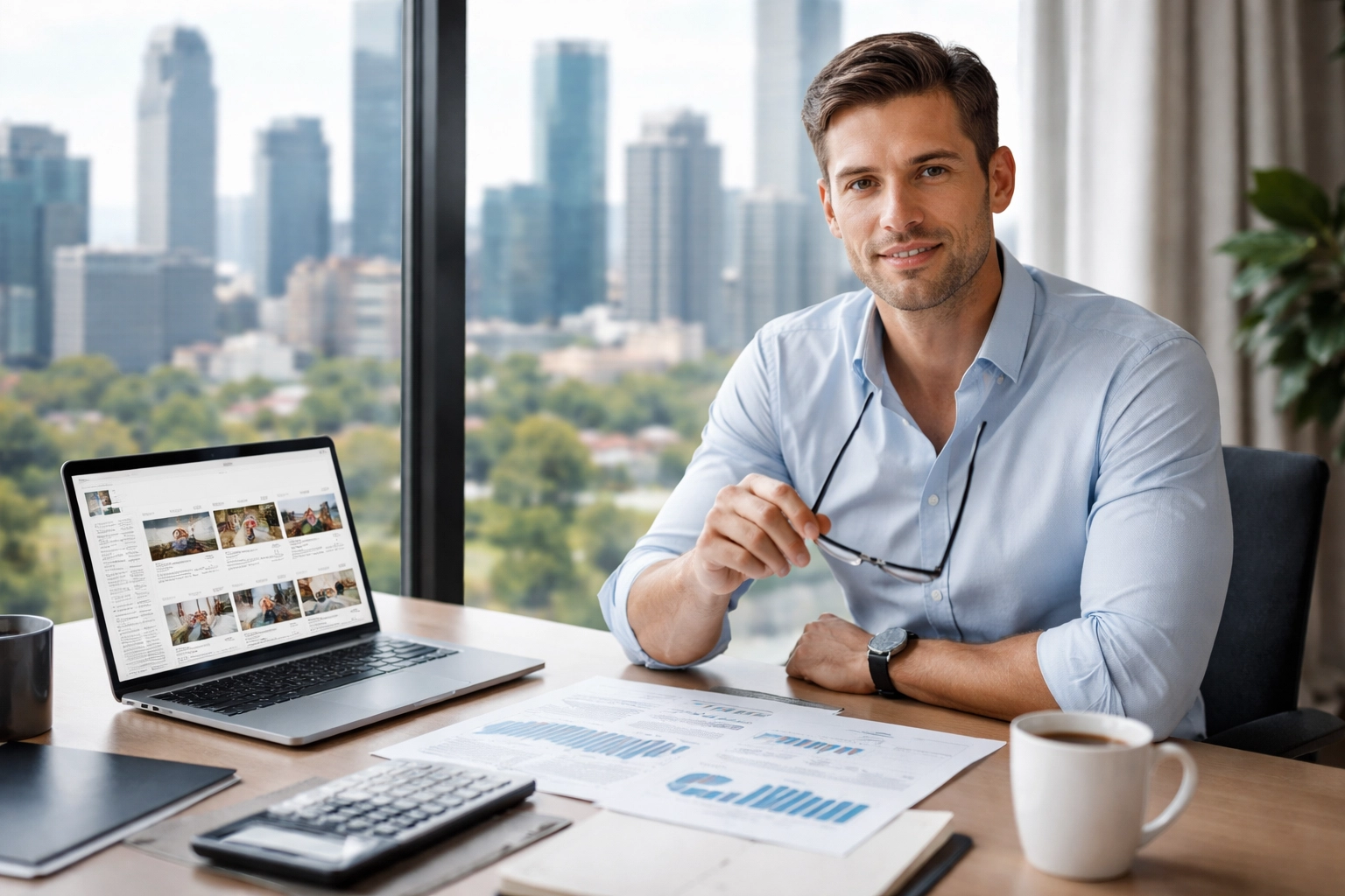 Photorealistic hero photo of a real estate investor at a modern desk reviewing investment property listings and market reports