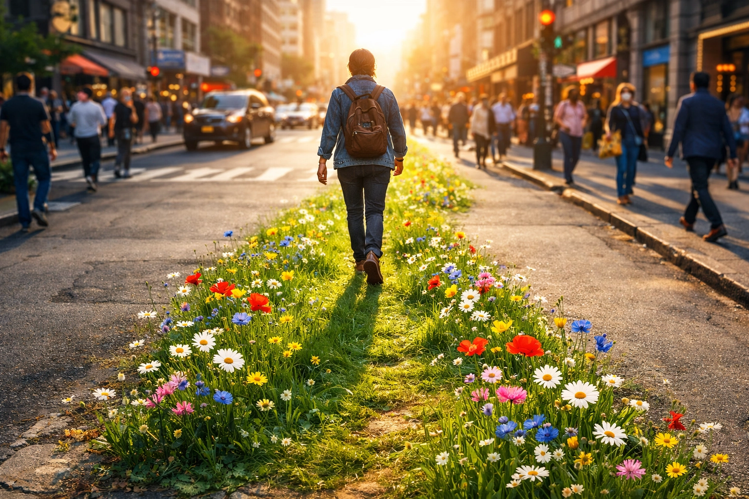 A person walking in a city leaving a trail of life and flowers, illustrating a Spirit-empowered life.