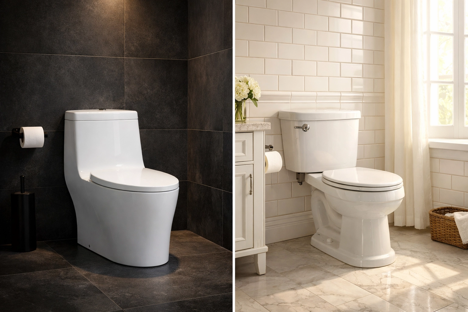 Side-by-side comparison of a modern one-piece toilet and a traditional two-piece toilet installation.