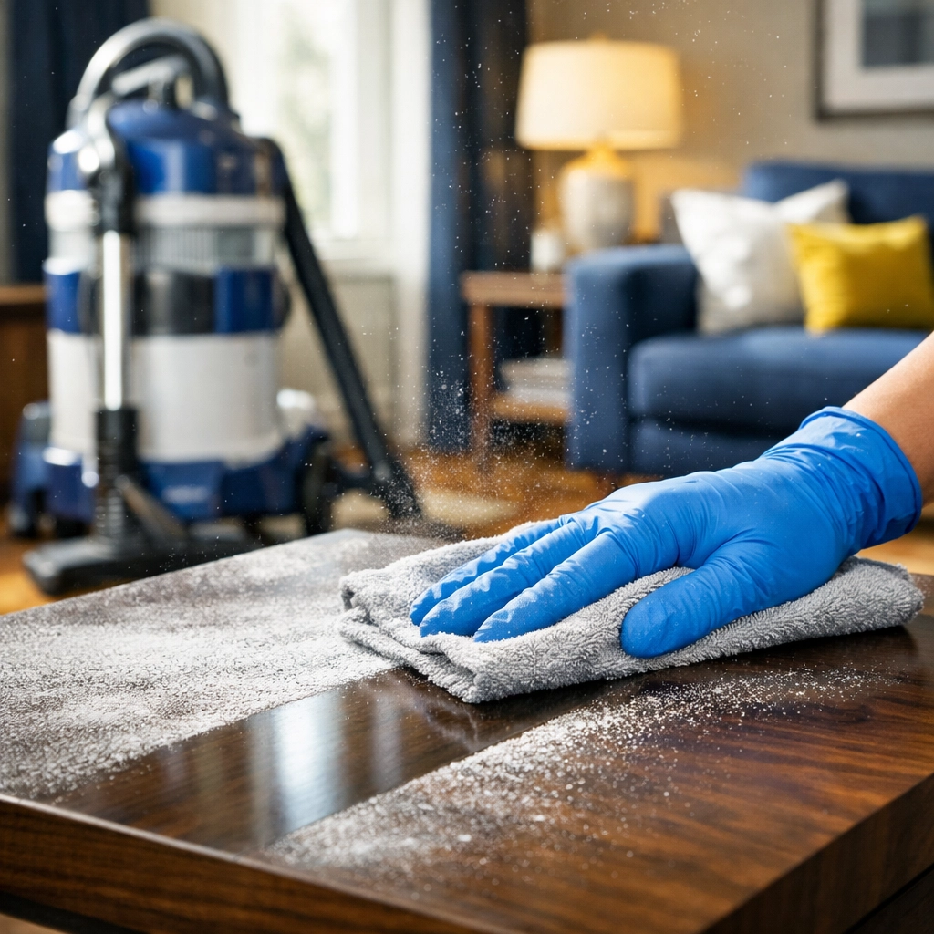 Hand wiping construction dust off a side table during a Lancaster post-renovation clean.