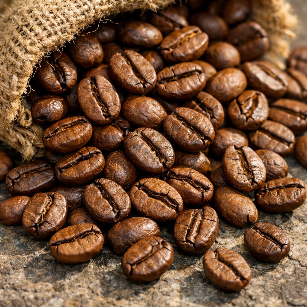 Freshly roasted medium-brown specialty coffee beans spilling from a burlap bag.