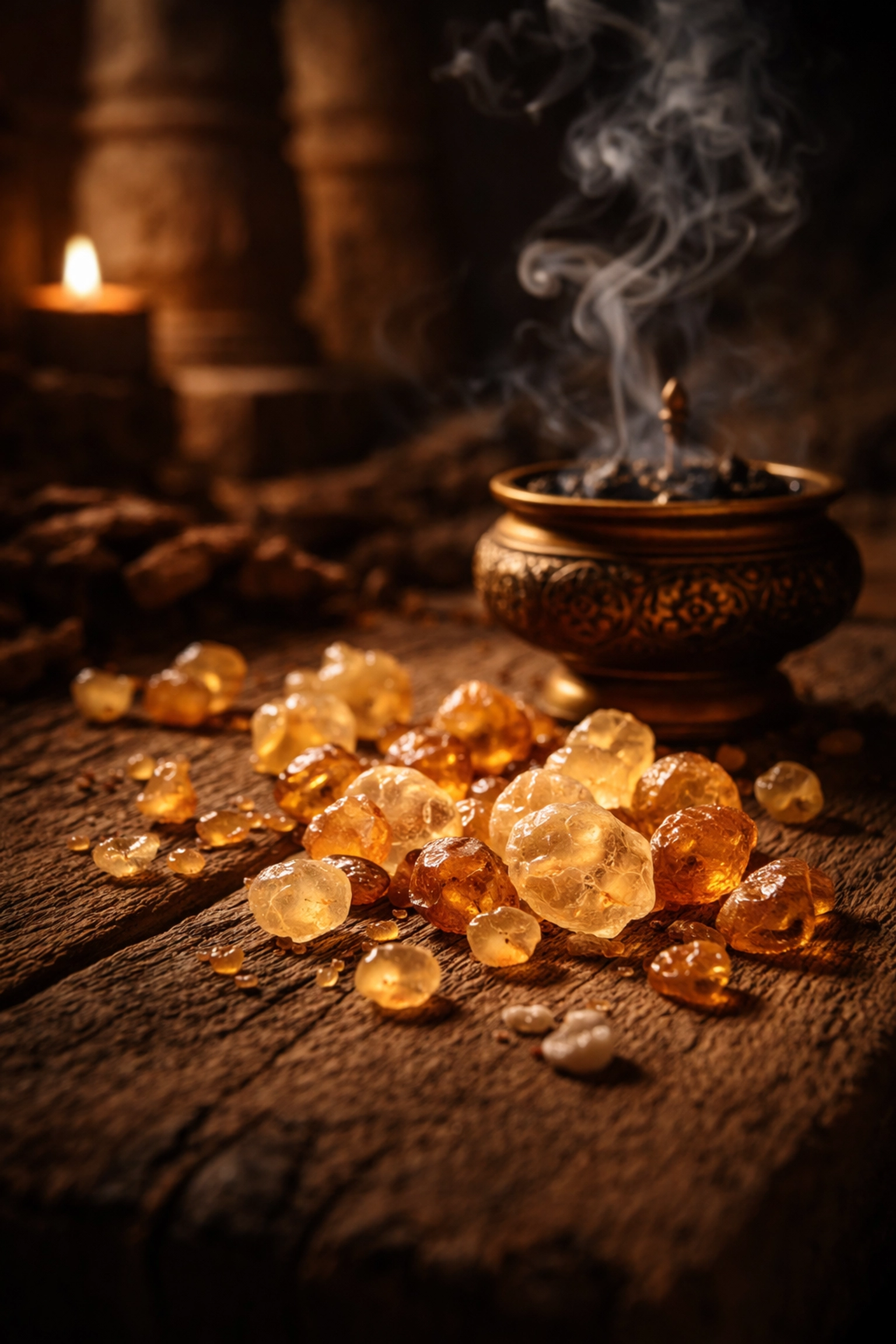 Frankincense resin tears with smoke rising from an ancient incense burner, one of the three wise men gifts