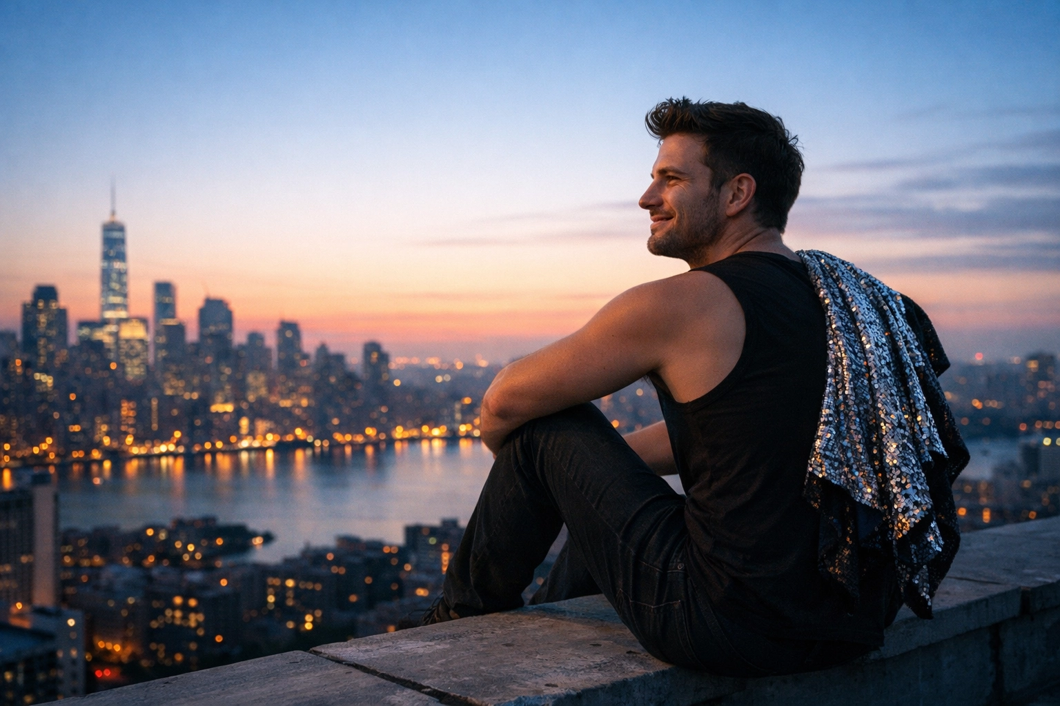 A handsome man reflects on a rooftop at dawn, showing the private side of characters in gay contemporary romance.