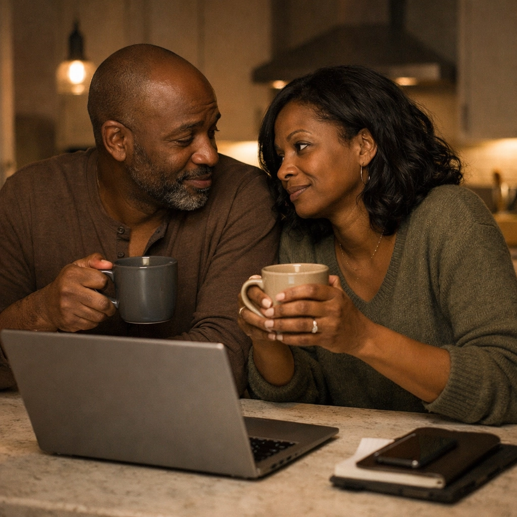 Couple entrepreneurs sharing a quiet moment to reconnect after running a business with a spouse.