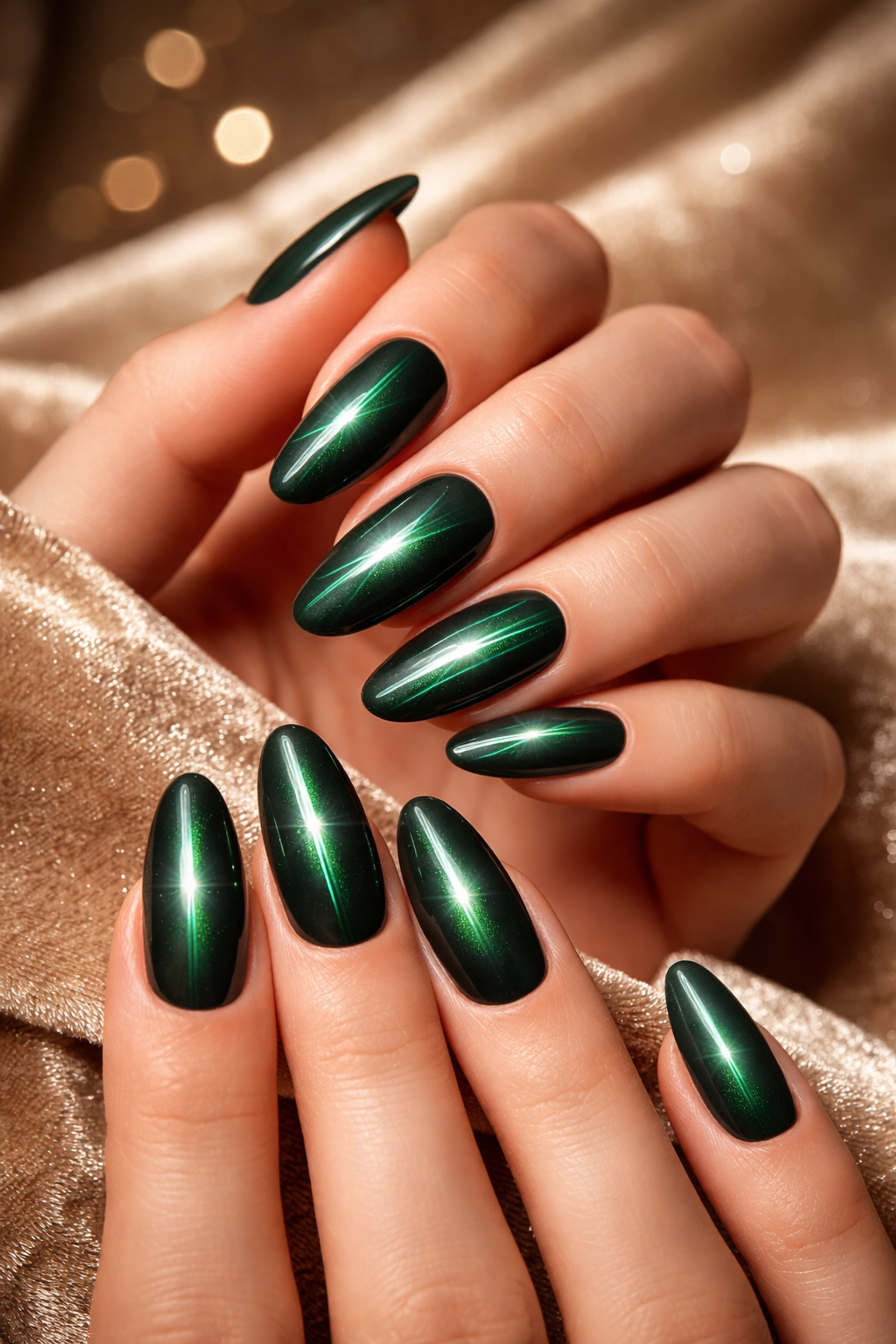 Close-up of emerald green cat-eye magnet gel nails with reflective shimmer on elegant hands, luxury Japanese gel nails Boston.