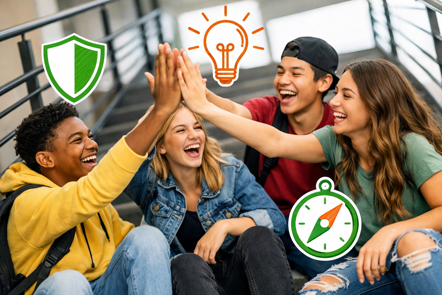 Diverse group of happy teens high-fiving, representing leadership and Christian community growth.