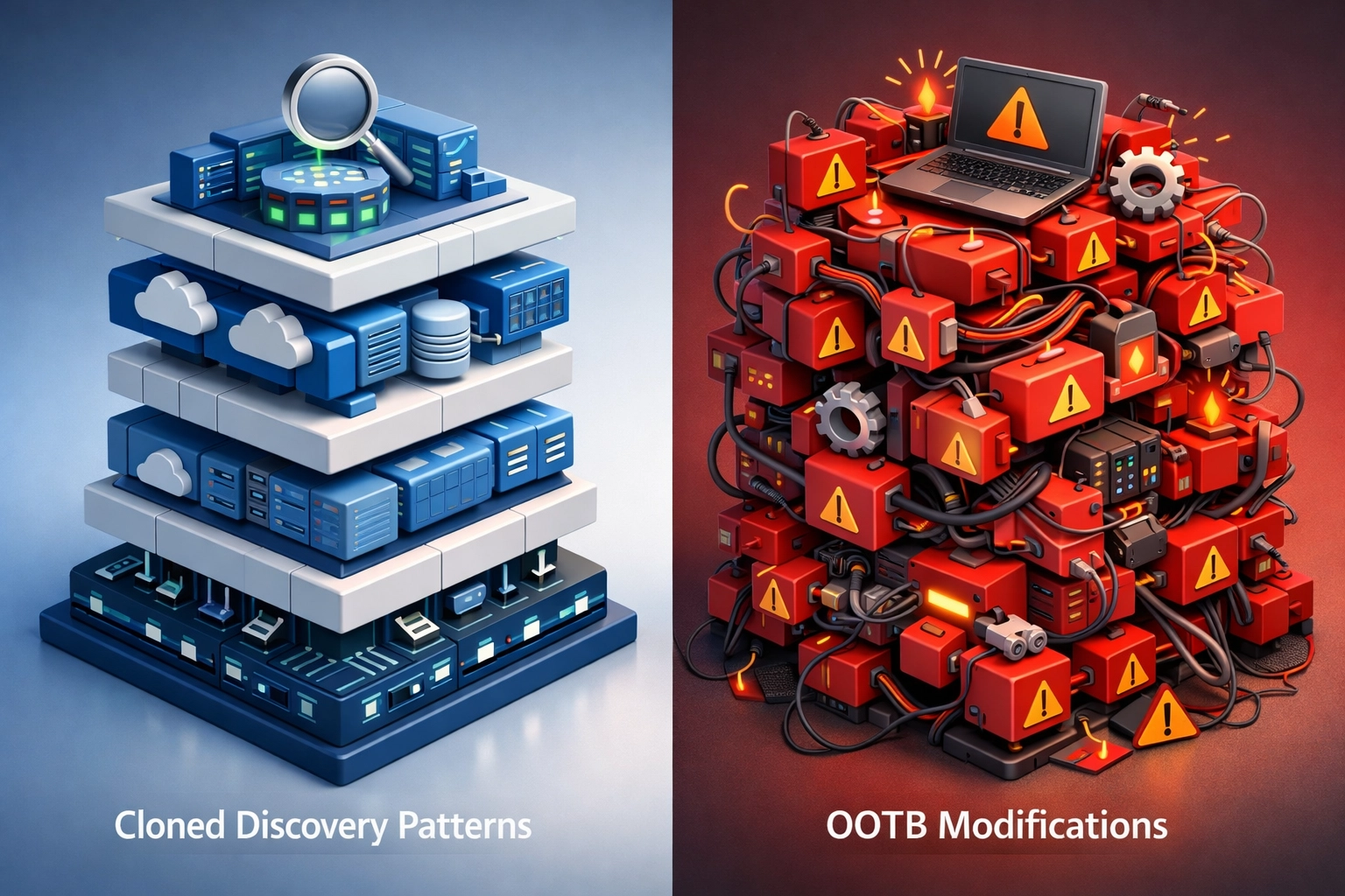 ServiceNow discovery pattern architecture comparison showing proper cloning versus OOTB modifications