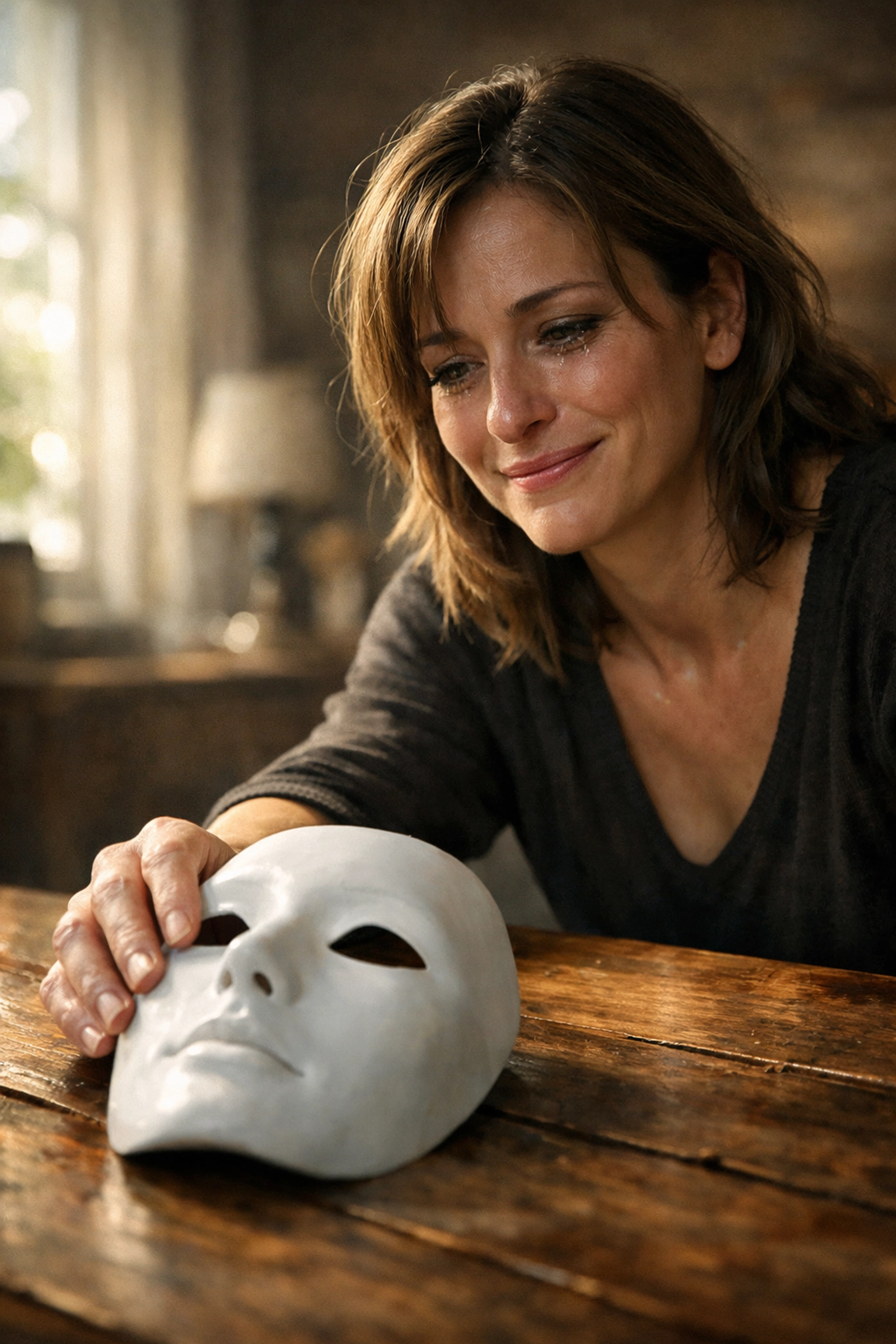 A woman setting down a mask in a sunlit room, symbolizing authenticity and freedom from shame in recovery.