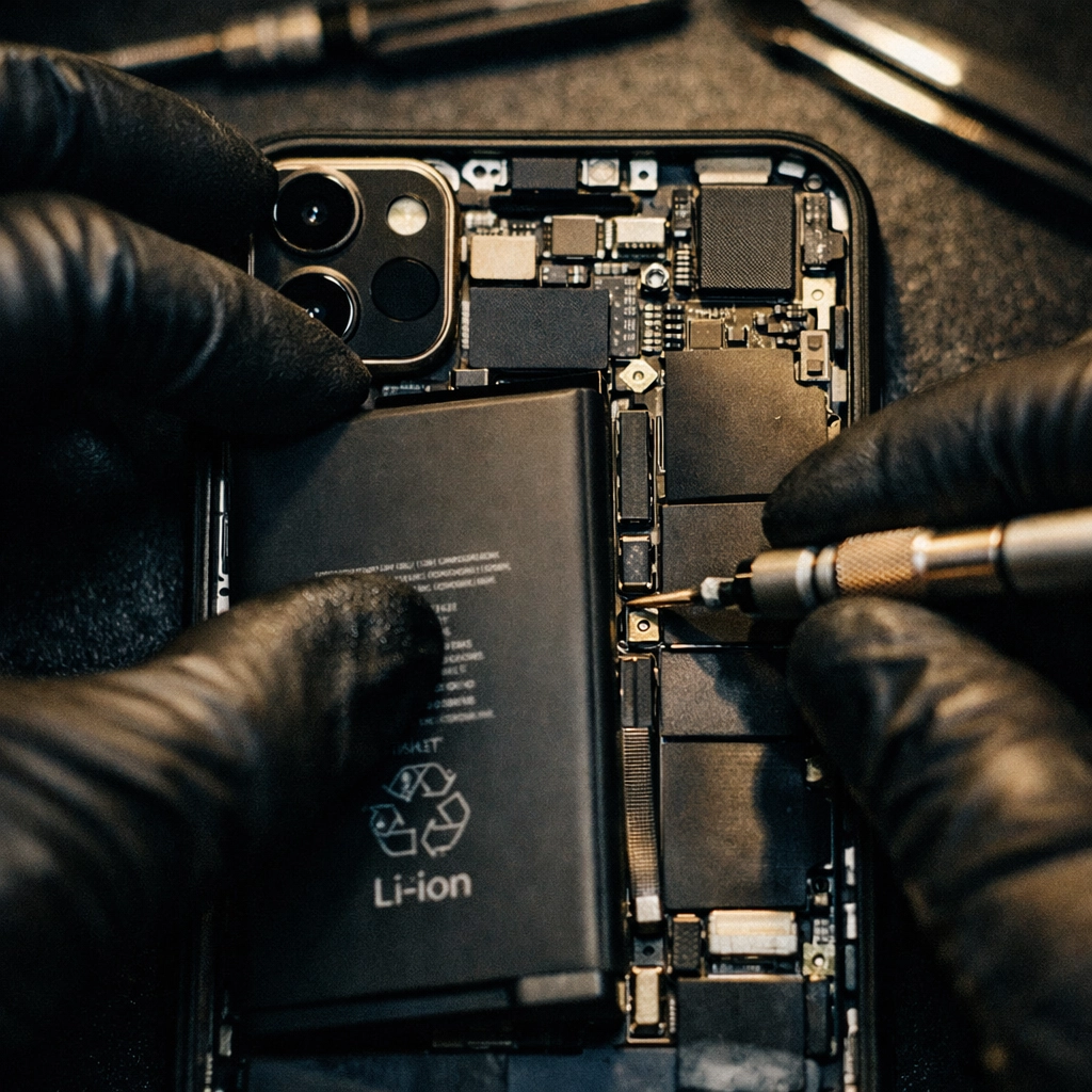 Technician installing new battery in iPhone 11 during mobile repair service