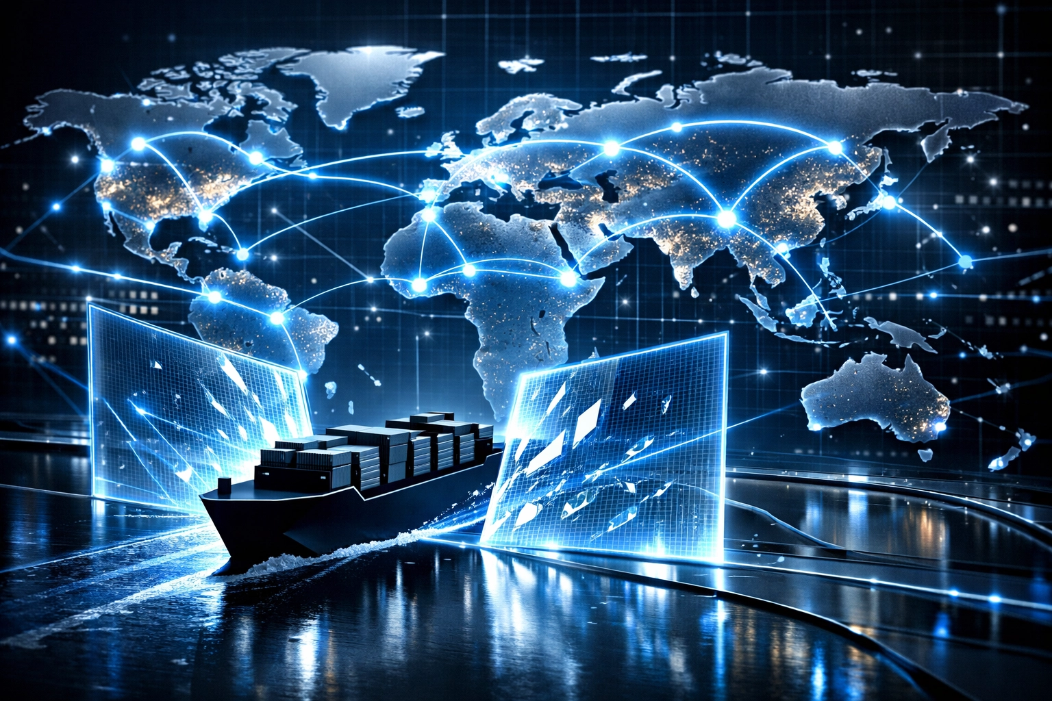 Global map and trade routes representing efficient supply chain management and logistics solutions.