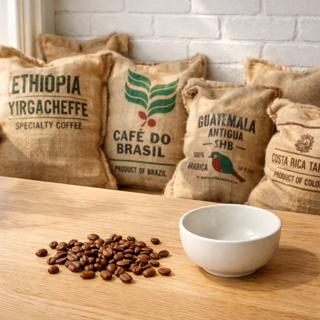 Premium specialty coffee beans from a wholesale coffee roaster on a rustic wooden table with burlap sacks.