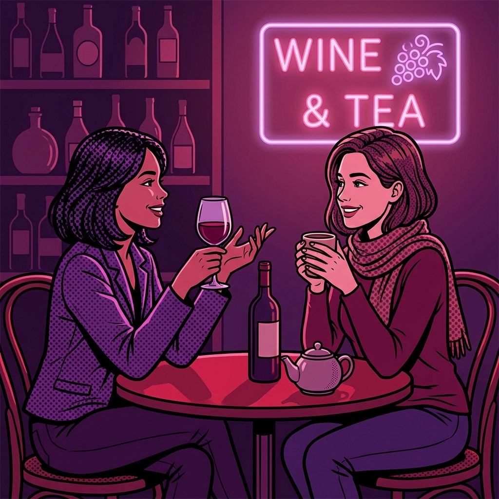Two friends at Rebel Wine Bar enjoying tea and wine, showcasing a welcoming vibe for every guest