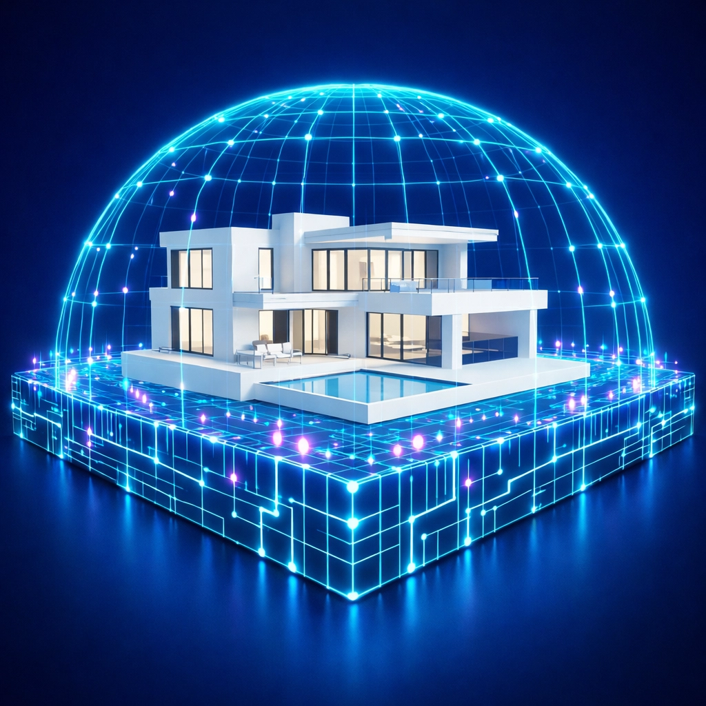 Luxury house with a digital grid representing a secure real estate workflow automation system.