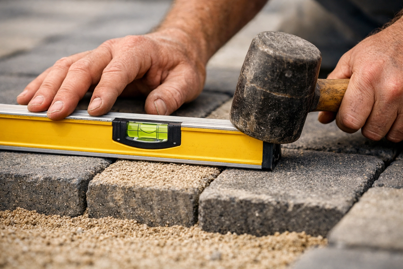 Close-up of a skilled tradesman using a spirit level on a new block paving project in Barry.