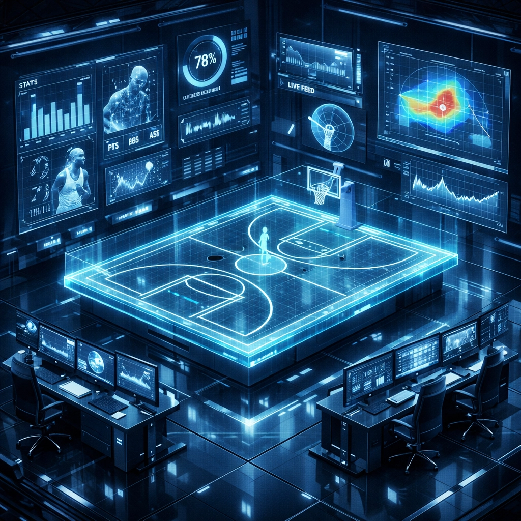 Futuristic sports betting analytics dashboard showing holographic basketball court and data trends.