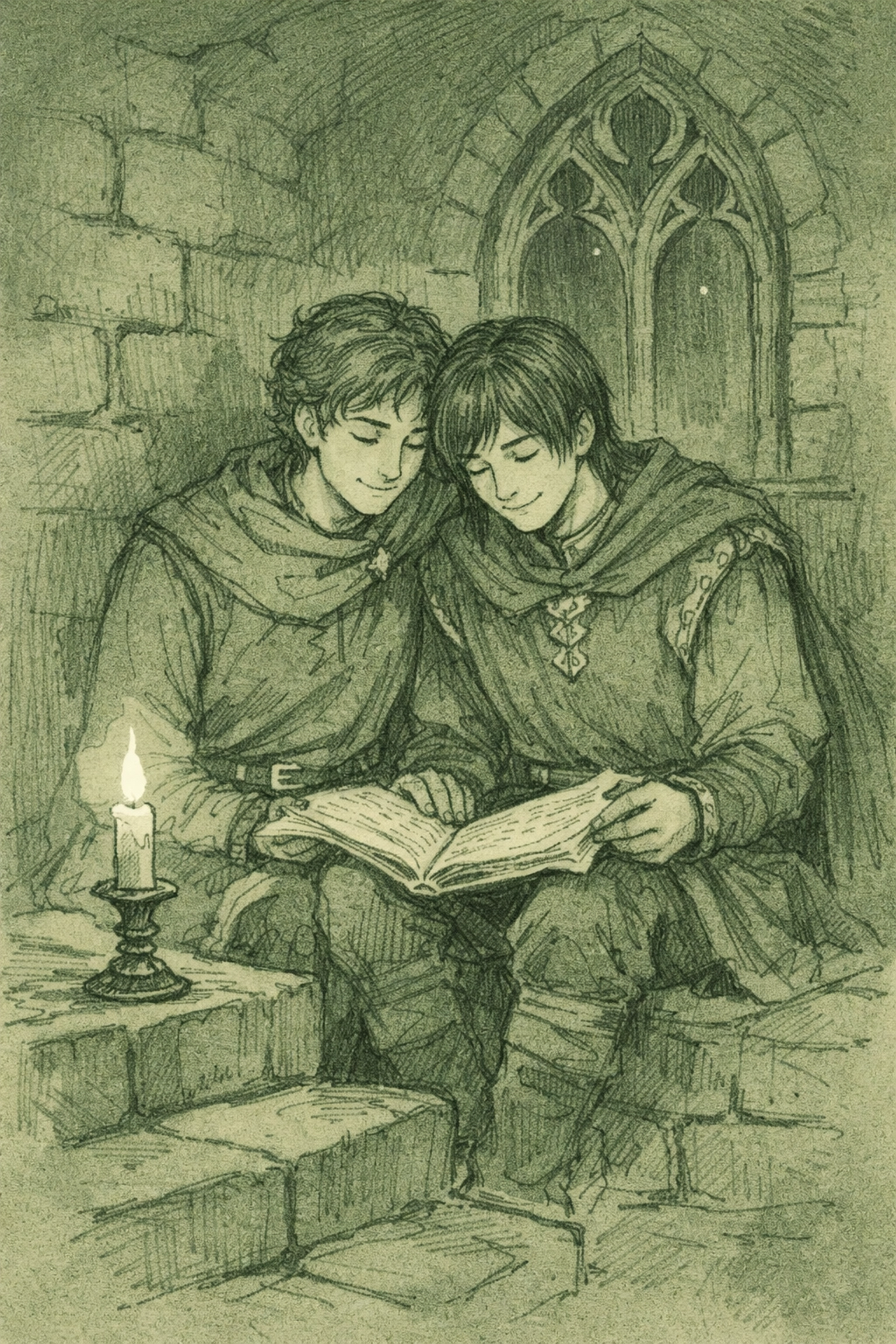 Medieval step-brothers reading manuscript in castle tower - intimate MM romance moment
