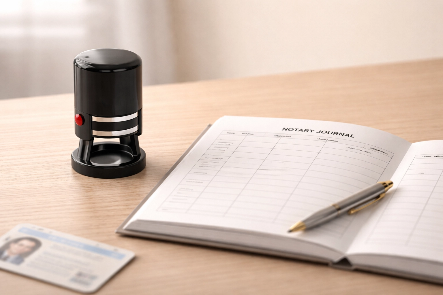 Notary stamp, open journal, and ID card on a desk, illustrating identity verification and fraud prevention in notary services.