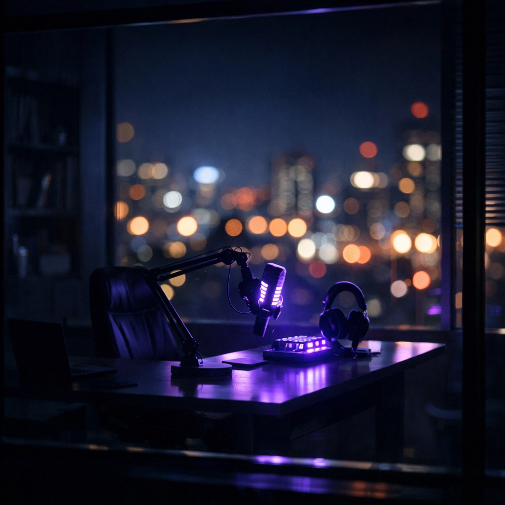 A glowing microphone in an office at night representing 24/7 AI voice agents for customer service.