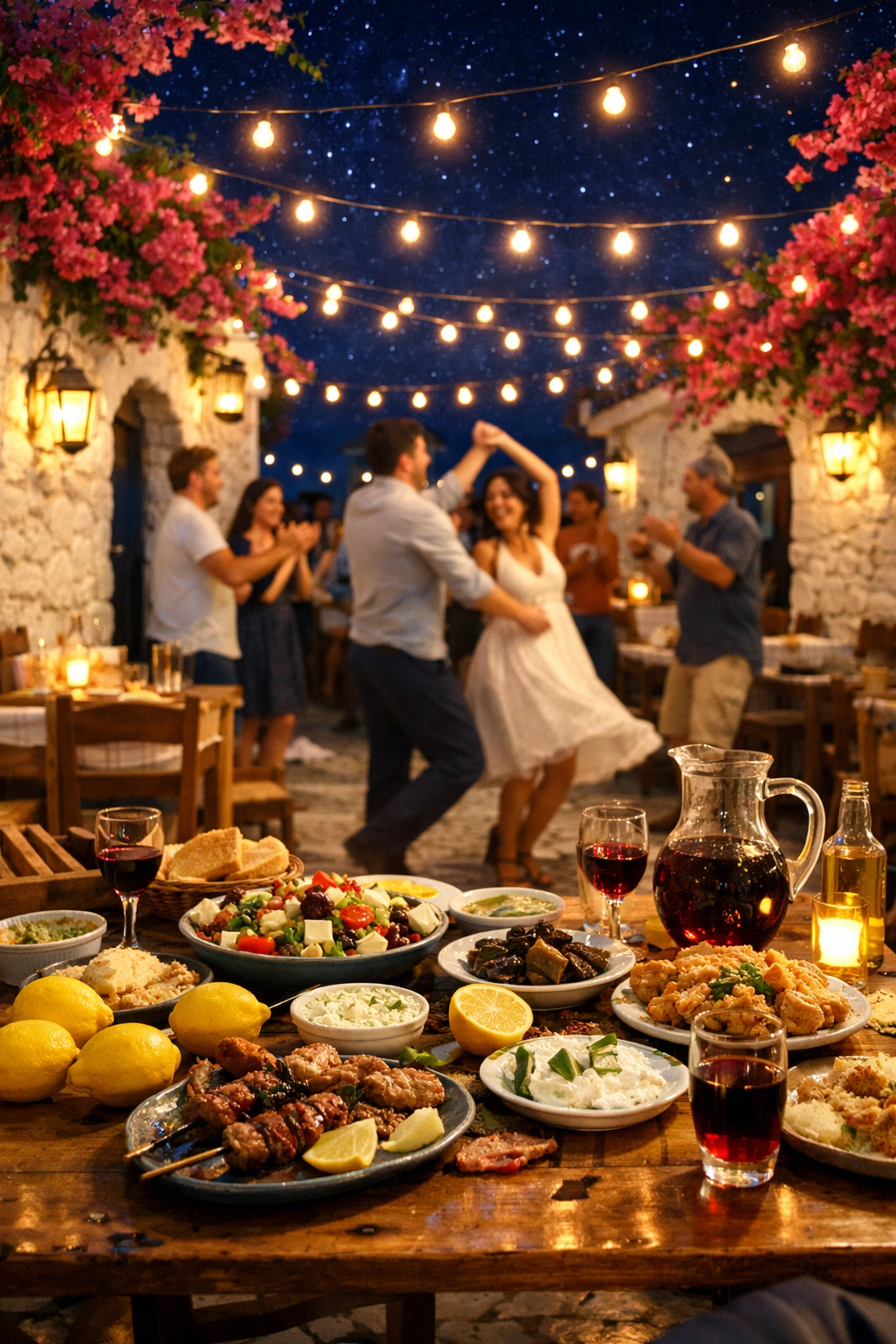 Hens dancing in a Mediterranean taverna at Mamma Mia! The Party, a top immersive London experience.