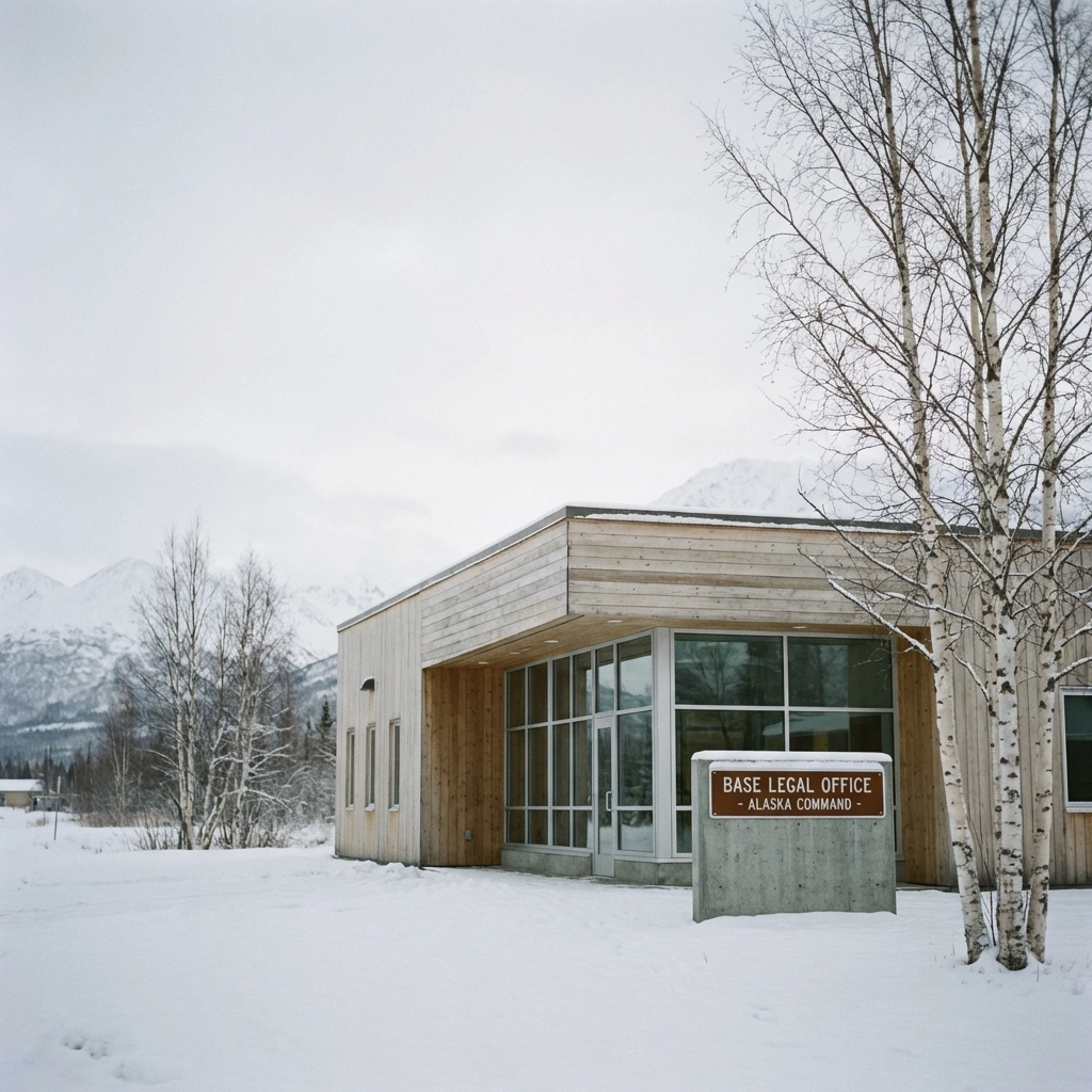 Exterior of a military legal office in Alaska during winter for Fort Greely notary resources