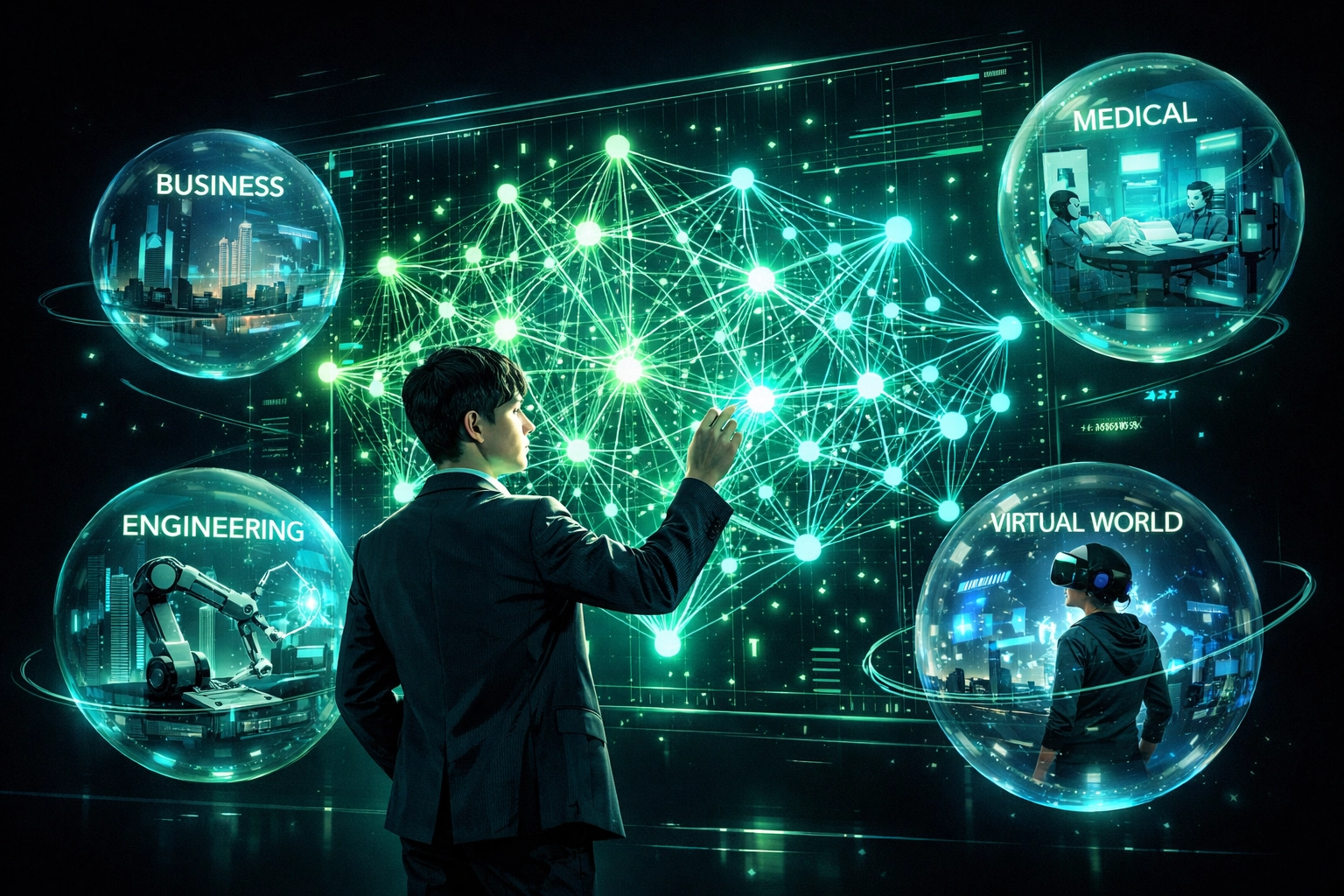 A professional interacting with holographic AI assessments to map career pathways and calculate a Readiness Score.