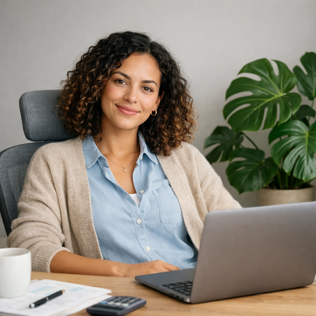 A smiling woman applying for bad credit loans in Canada using her laptop in a home office.