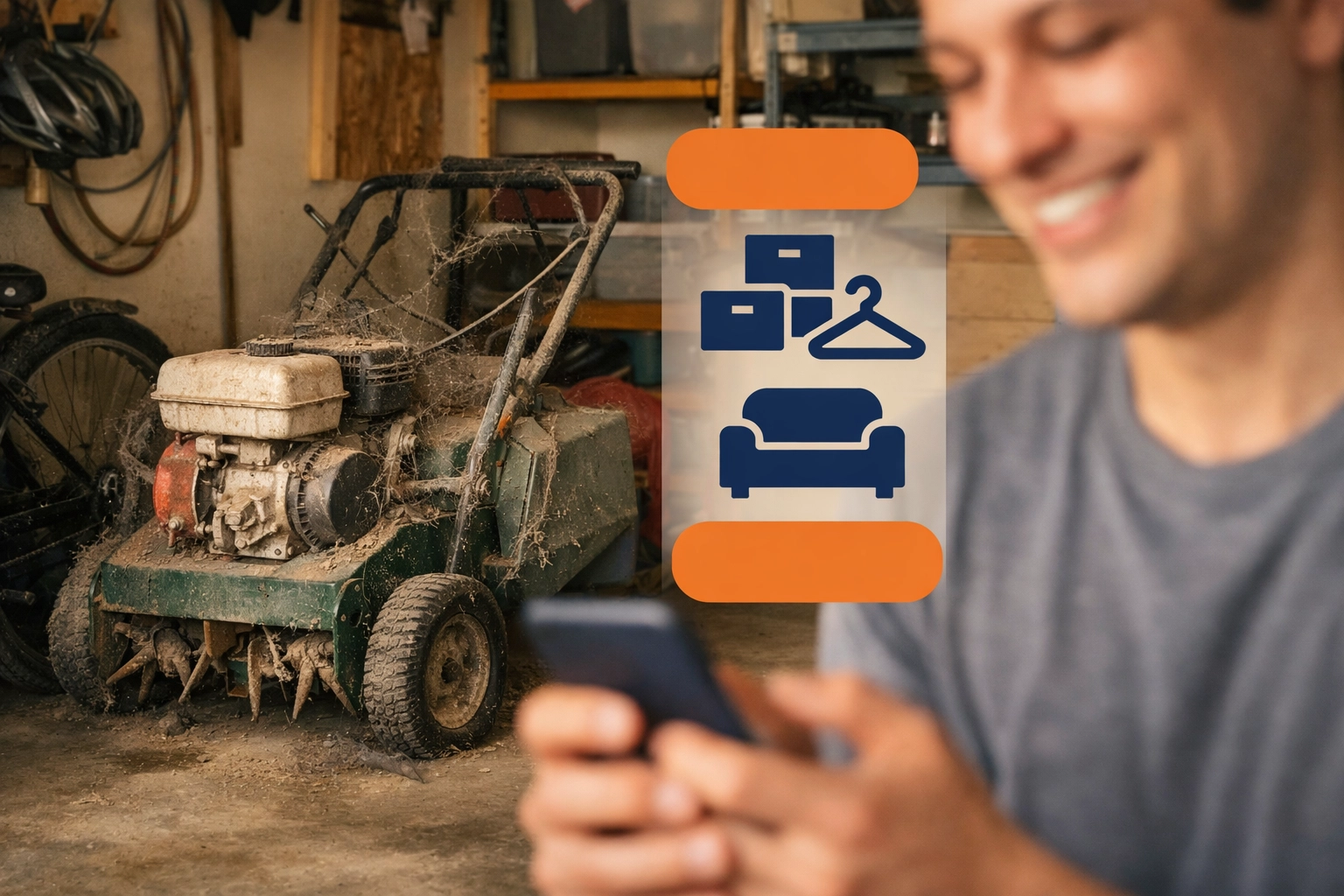 A dusty lawn aerator taking up garage space while a homeowner uses an app to rent tools.