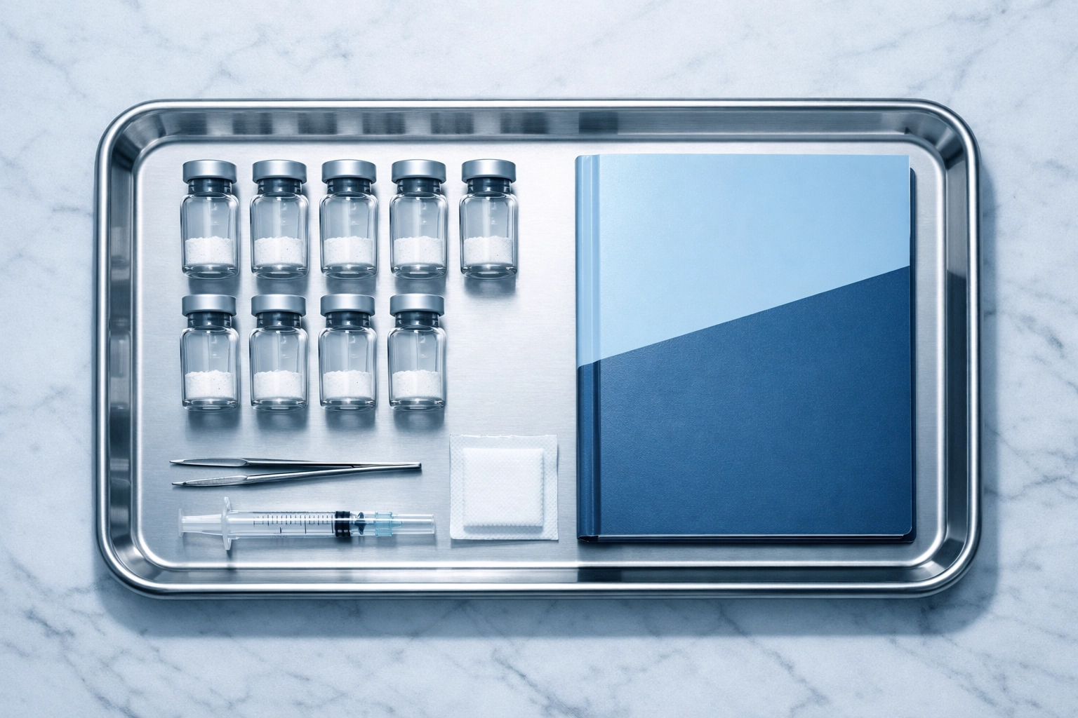 Vials of growth hormone secretagogues on a sterile tray for integrated hormone optimization protocols.