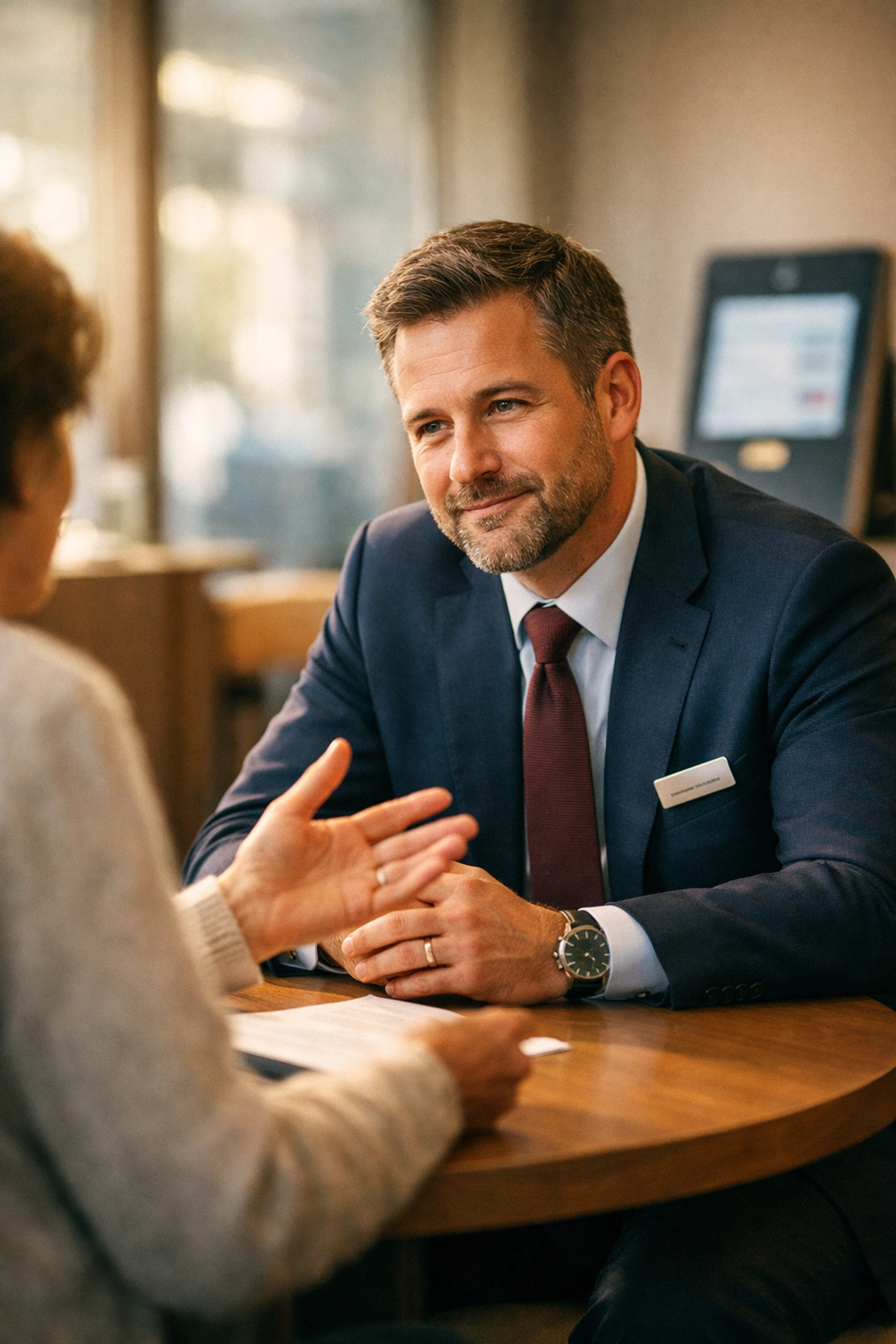 Banking professional listening to a customer, illustrating the balance between human hospitality and AI.