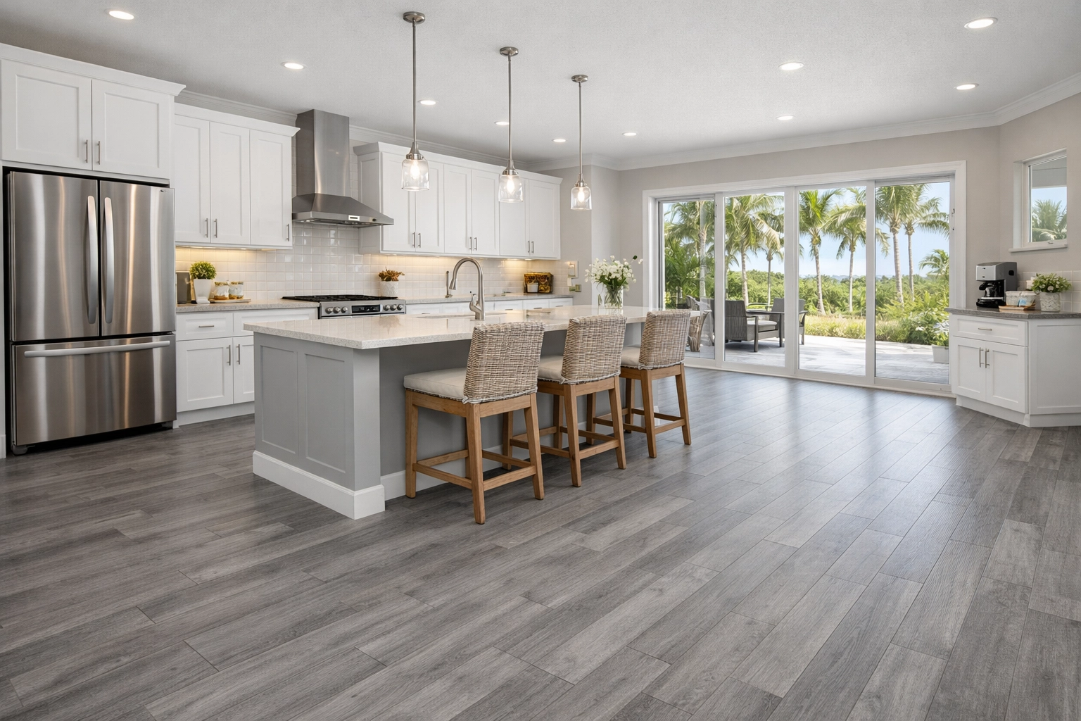 Rigid core waterproof flooring installation in Central Florida kitchen with modern design