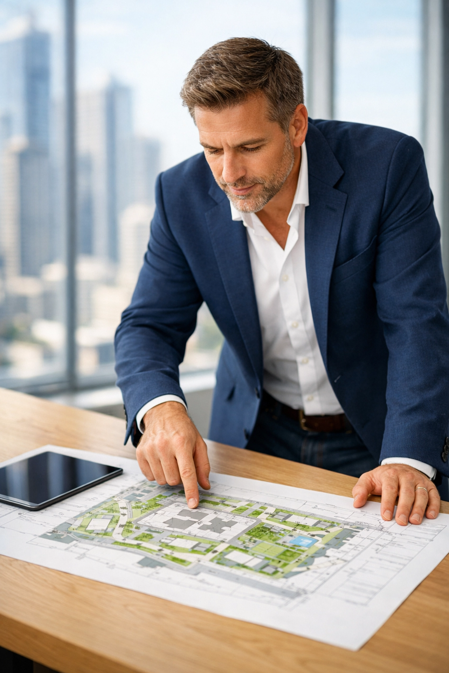Development manager in a modern office reviewing detailed architectural site plans for feasibility.