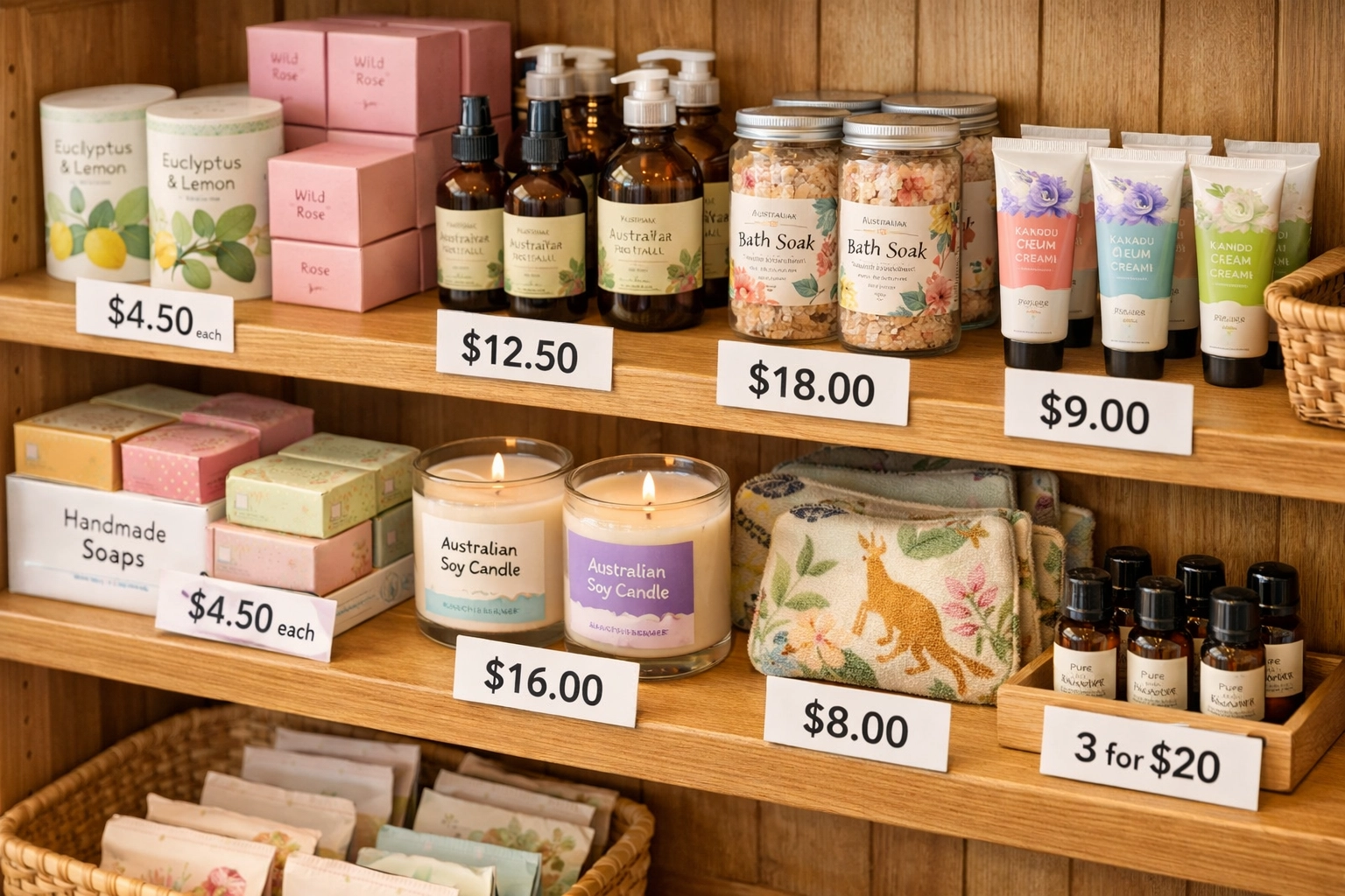Australian retail shelf displaying wholesale products with price tags
