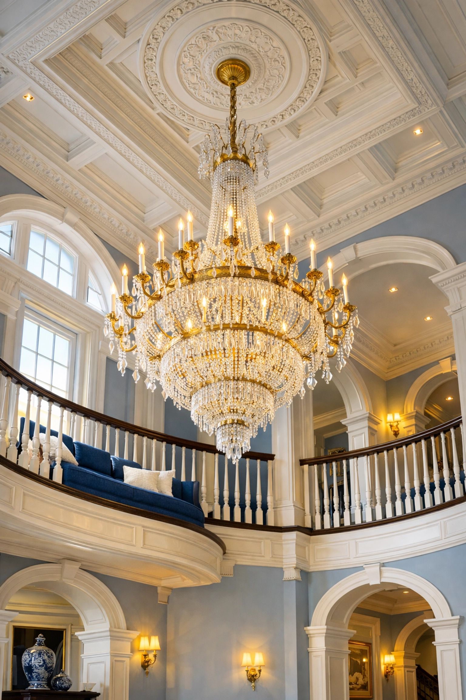 High-level dusting of a crystal chandelier during luxury house cleaning in Wellesley MA.