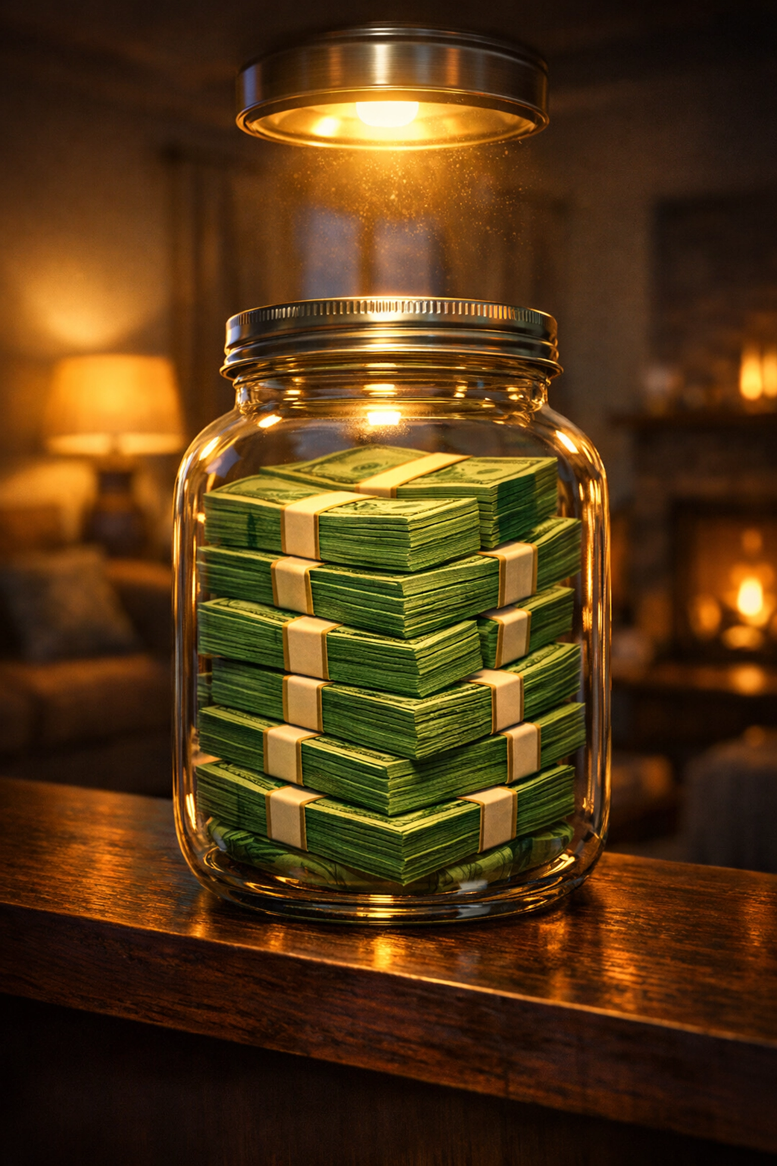 A glass jar filled with cash on a shelf, representing a $1,000 emergency fund safety net.