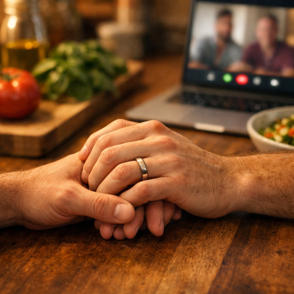 Two men holding hands in kitchen during long-distance relationship reunion