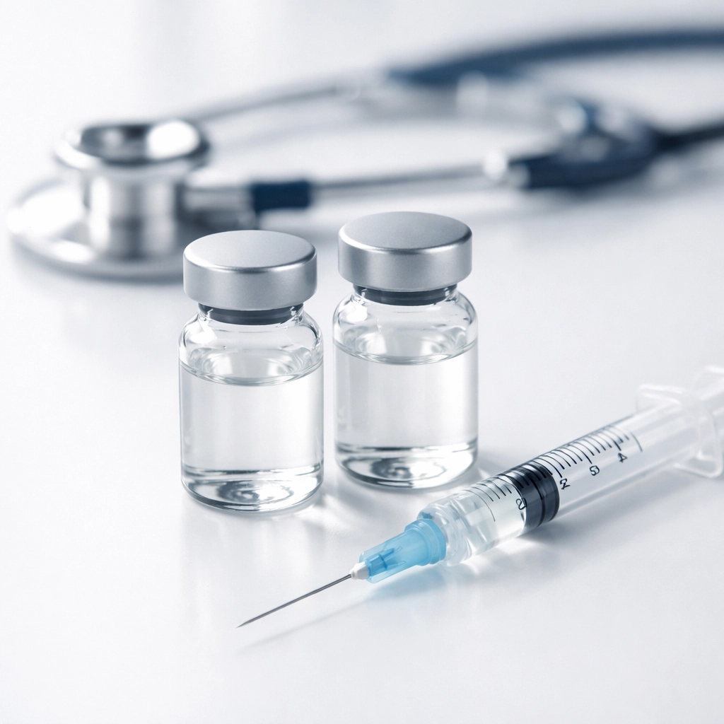 Compounded tirzepatide medication vials and injection supplies for weekly weight loss treatment