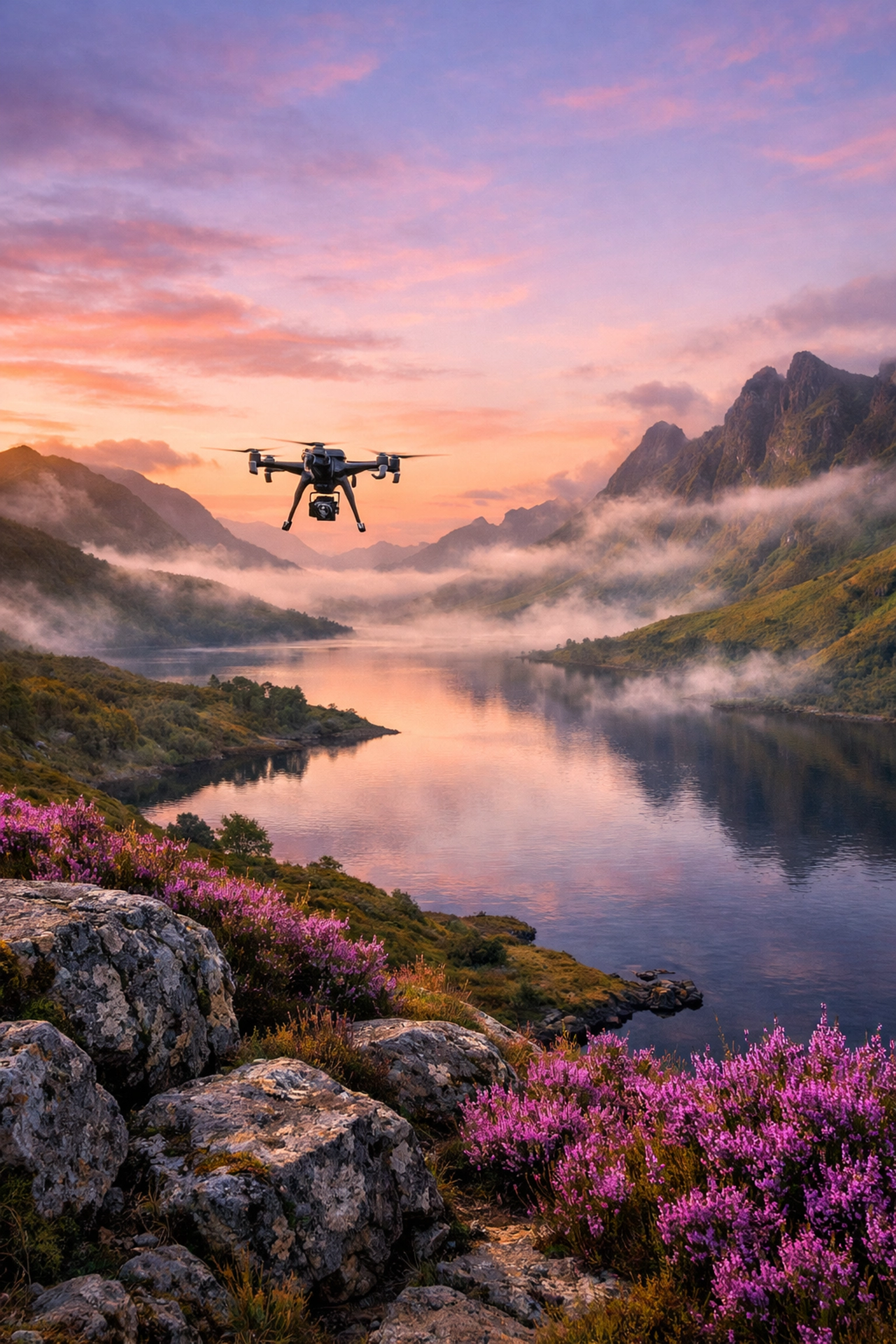 Drone performing a peaceful cremation ashes scattering service over a scenic loch in the Scottish Highlands.