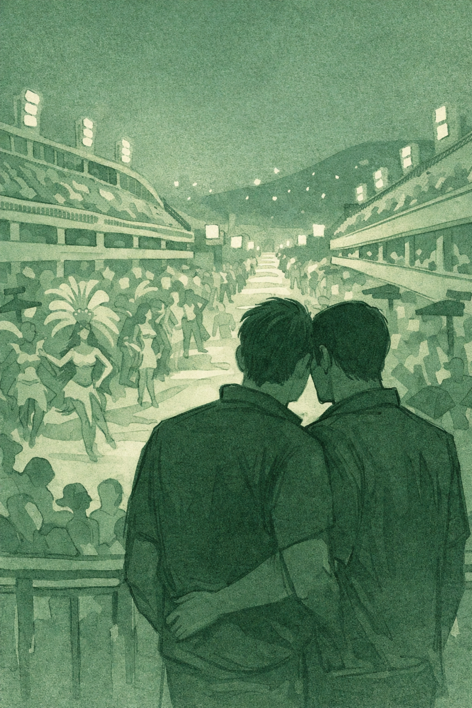 Male couple watching samba parade at Sambadrome during Rio Carnival night