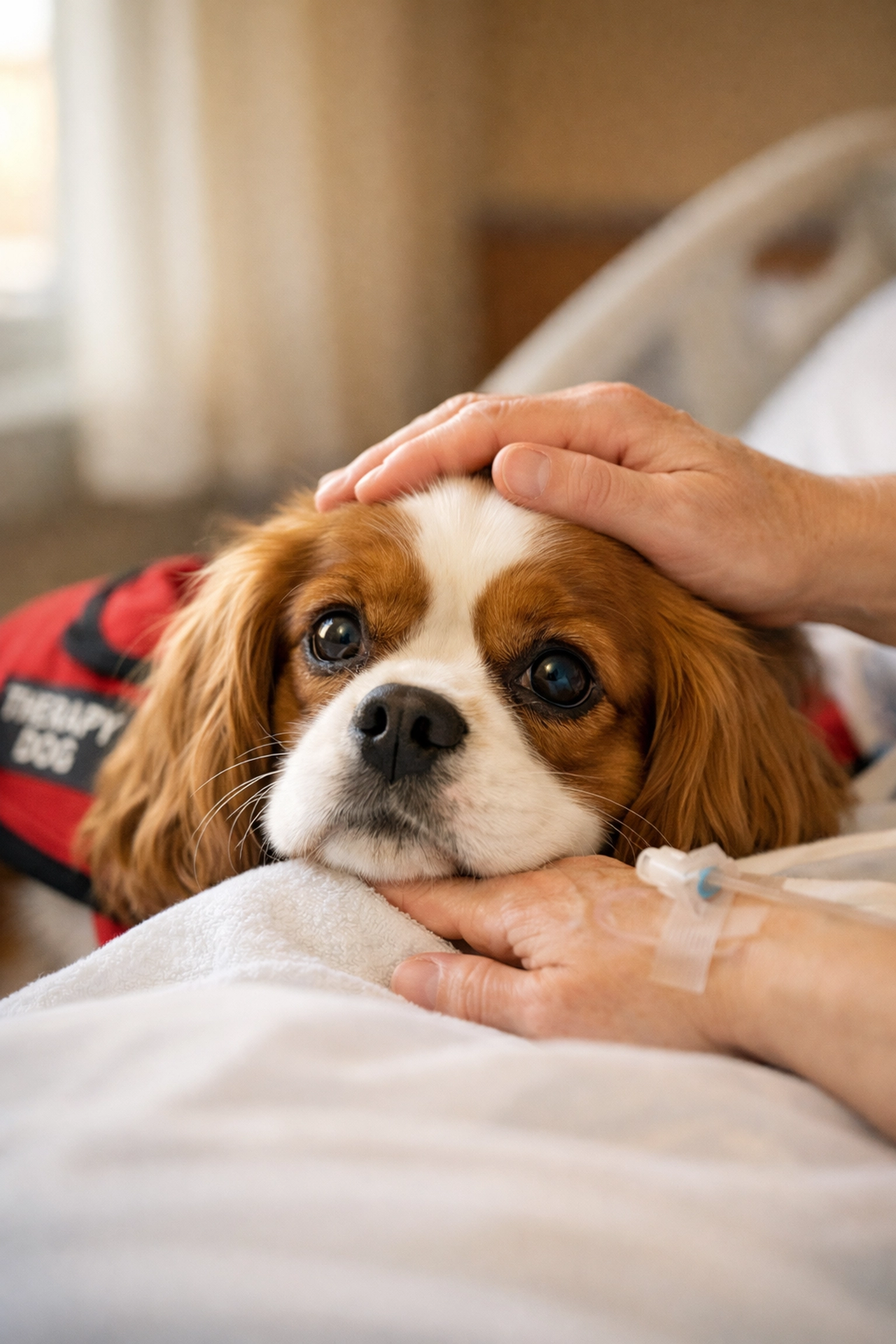 Therapy-quality Cavalier King Charles Spaniel wearing a vest while comforting a patient in an Oregon hospital.