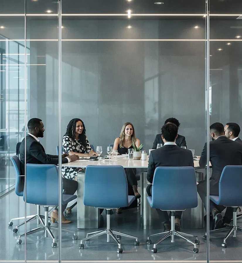 Modern conference room with business professionals engaged in a collaborative meeting, reflecting an environment focused on strategic planning and leadership discussions.