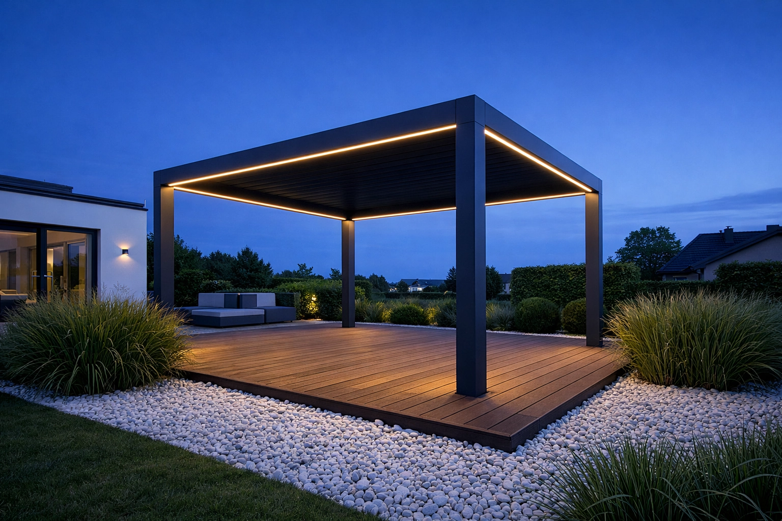 Minimalistische freistehende Pergola in einem Wiener Garten mit eleganter LED-Beleuchtung bei Dämmerung.