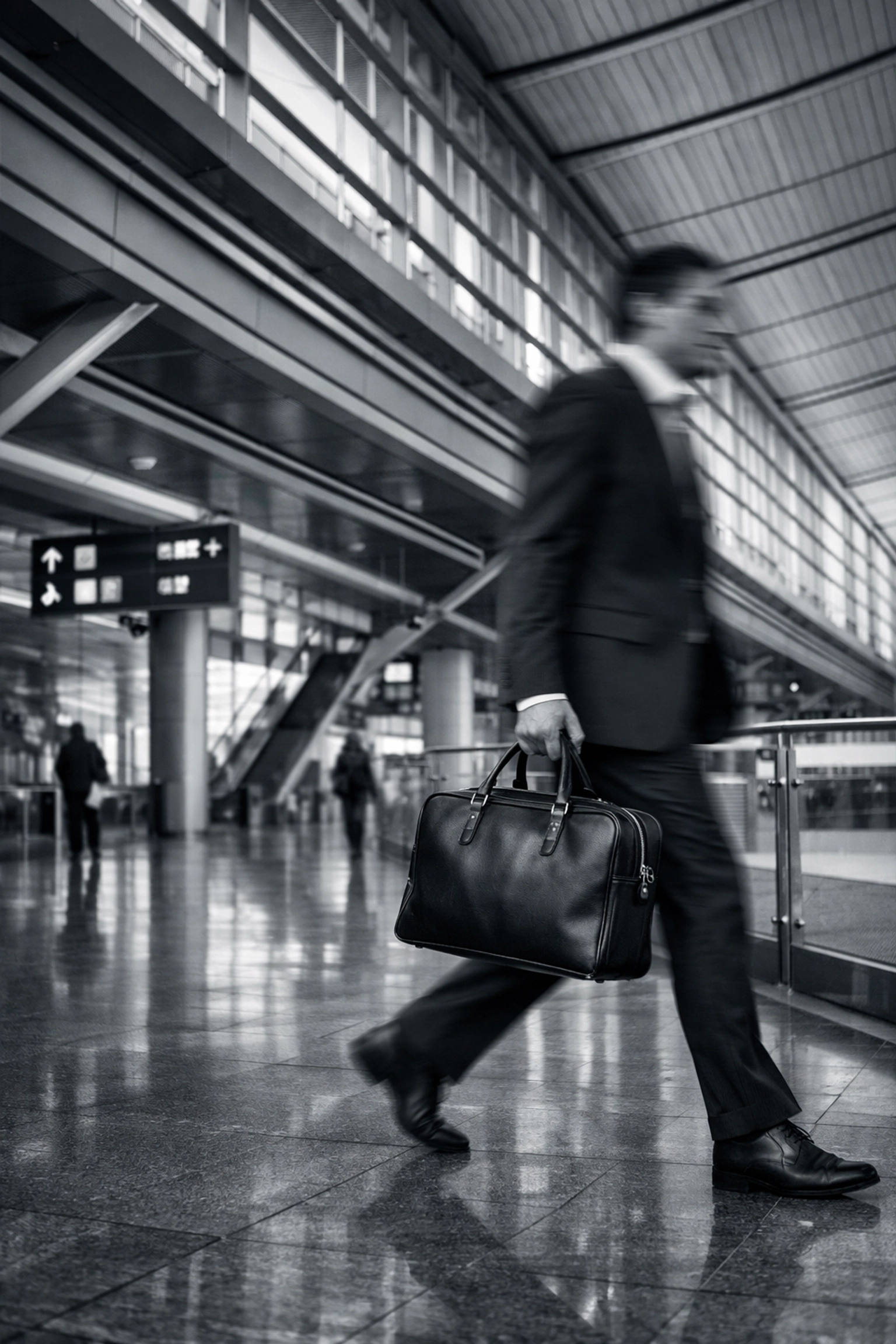 A professional traveling through a modern international transit hub for global market expansion.