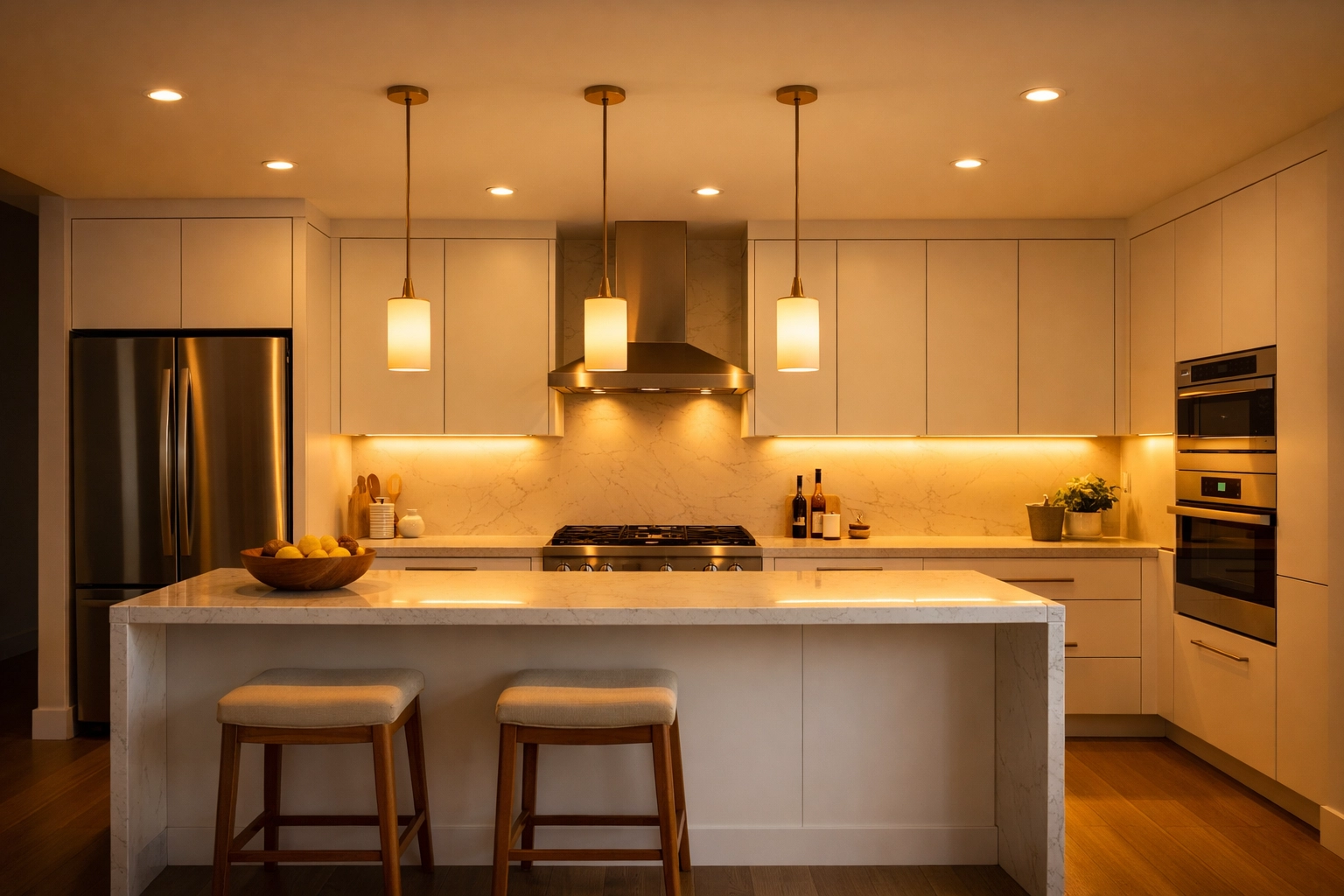 Modern kitchen with consistent warm LED lighting under cabinets and throughout the space