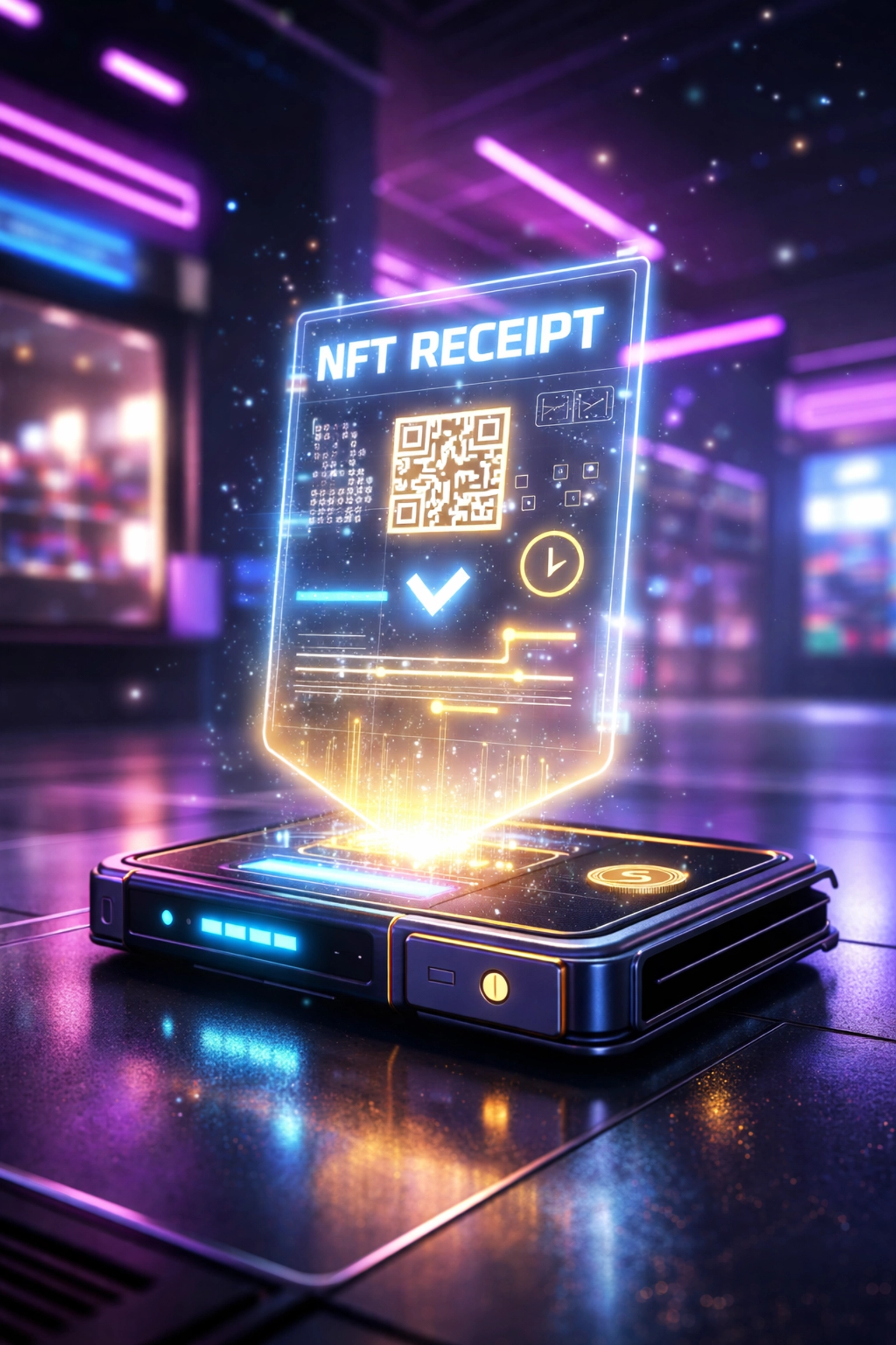 NFT receipt hologram floating above digital wallet in virtual metaverse shopping environment