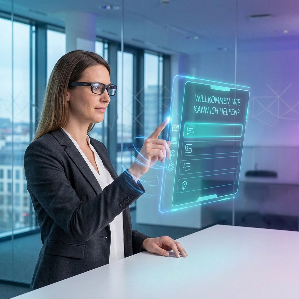 Fachabteilung entdeckt KI Prompts: Frau nutzt Hologramm-Interface am Schreibtisch für effektive Kommunikation mit KI.