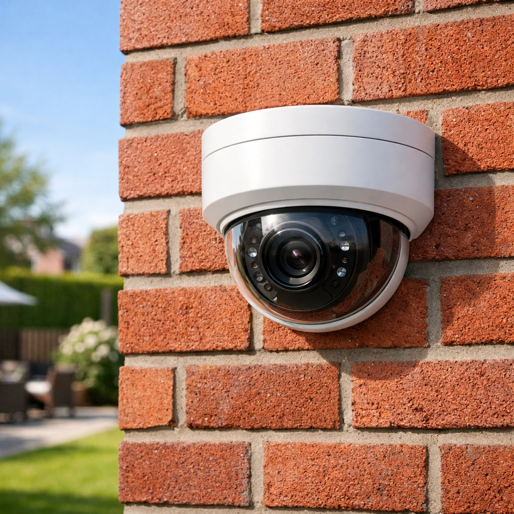 Clean and tidy CCTV installation Bracknell on a modern red-brick home exterior.