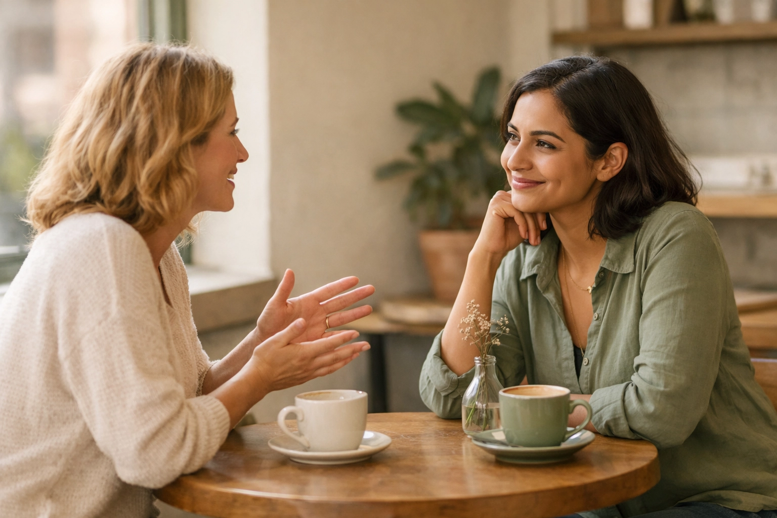Two women having an authentic conversation about setting boundaries without guilt