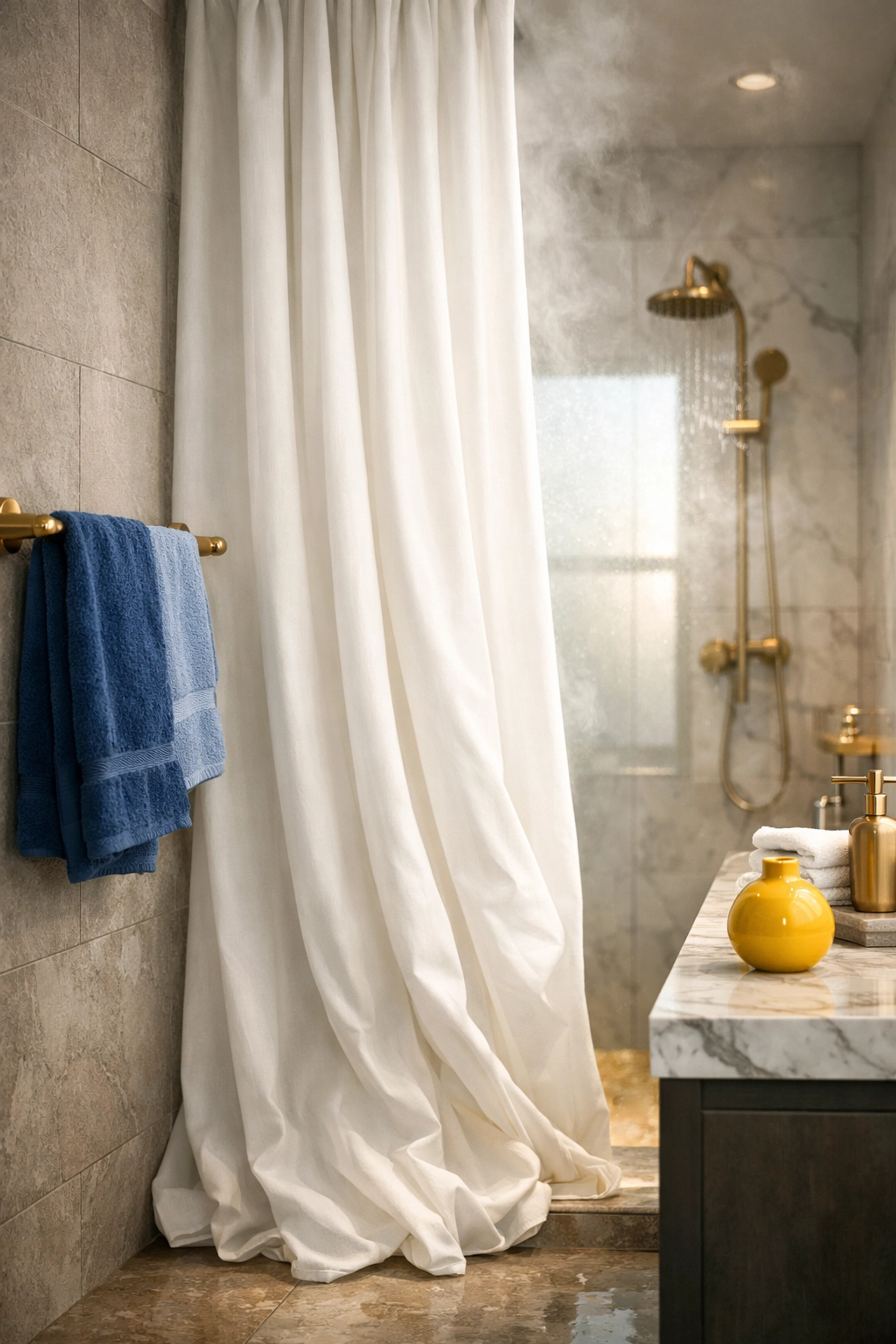 Bunched white shower curtain in a humid bathroom, illustrating how poor ventilation can lead to mildew growth.