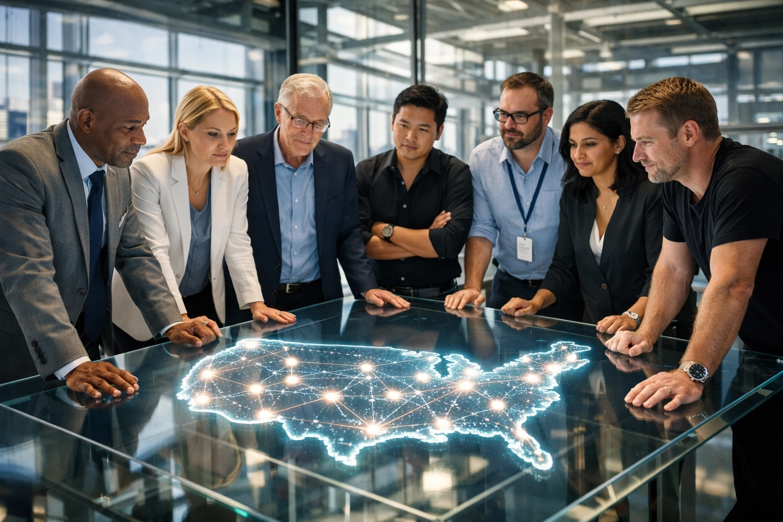Executives viewing a holographic map of national workforce infrastructure nodes in a modern innovation center.