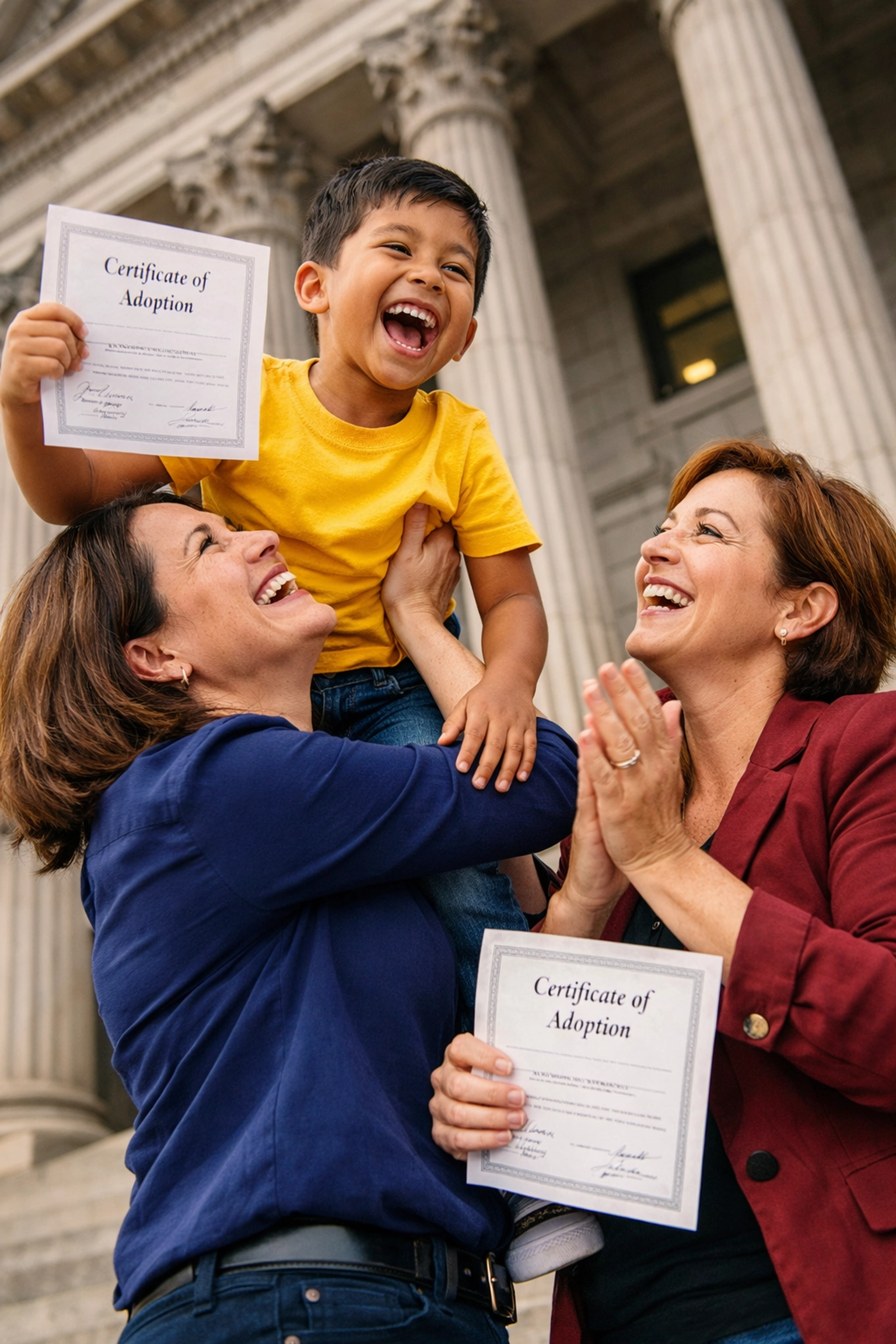 Lesbian mothers celebrating successful legal adoption of son outside courthouse with papers